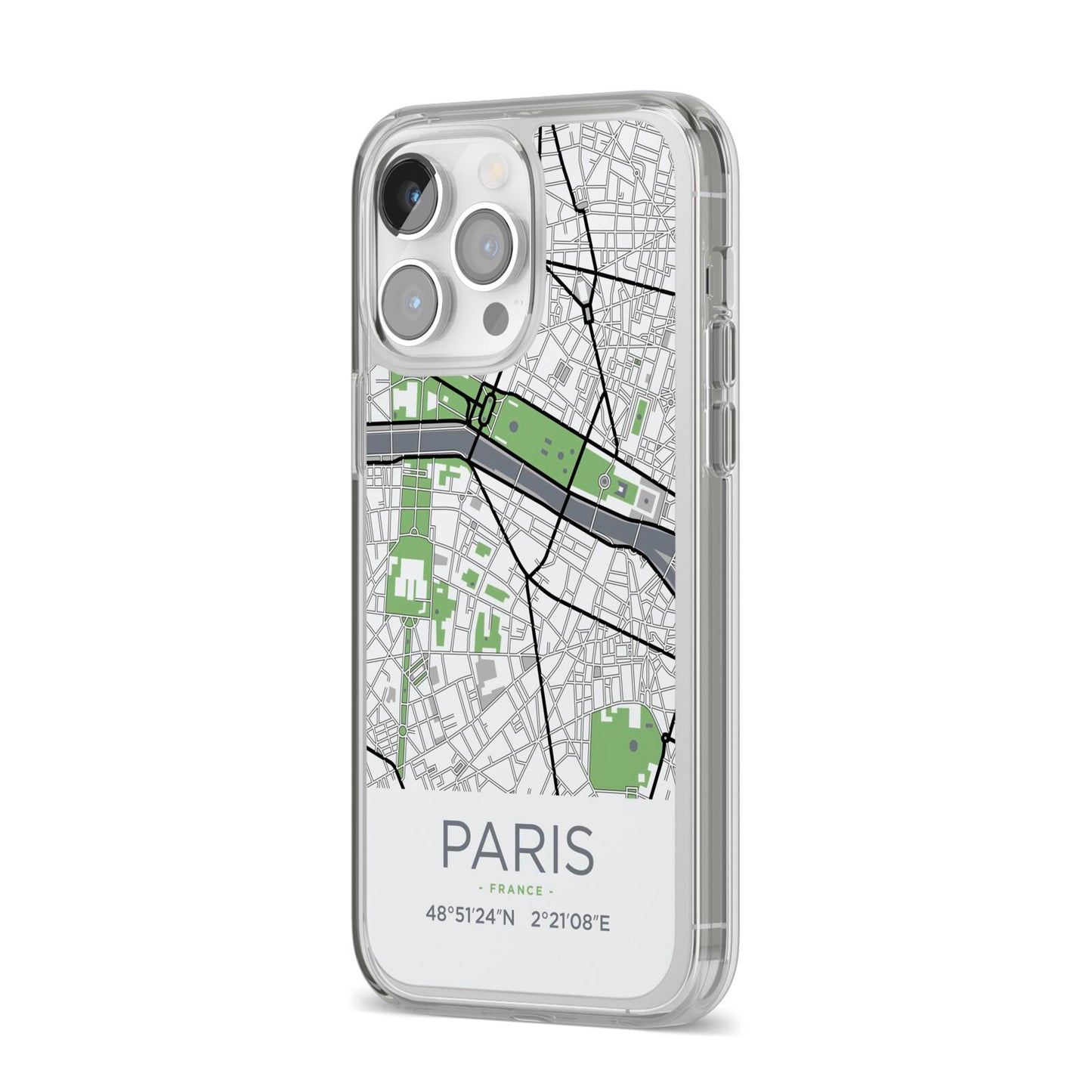 Map of Paris iPhone 14 Pro Max Clear Tough Case Silver Angled Image