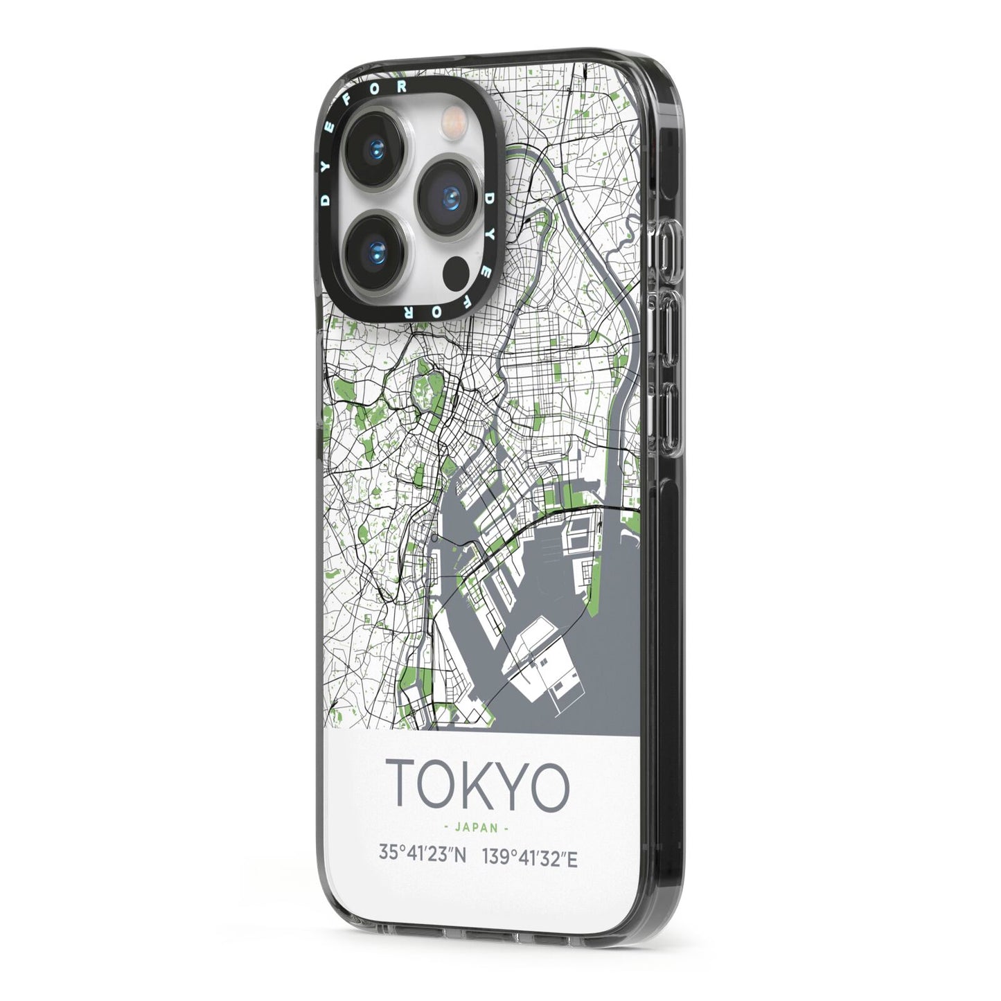 Map of Tokyo iPhone 13 Pro Black Impact Case Side Angle on Silver phone