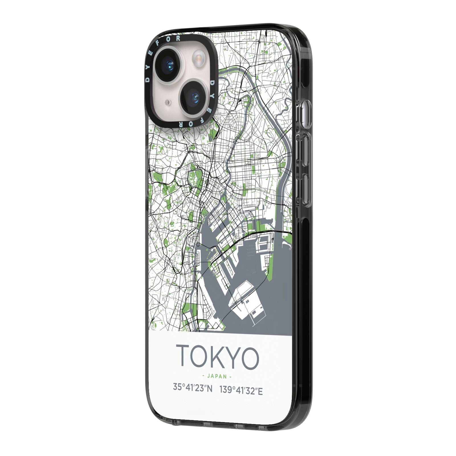 Map of Tokyo iPhone 14 Black Impact Case Side Angle on Silver phone