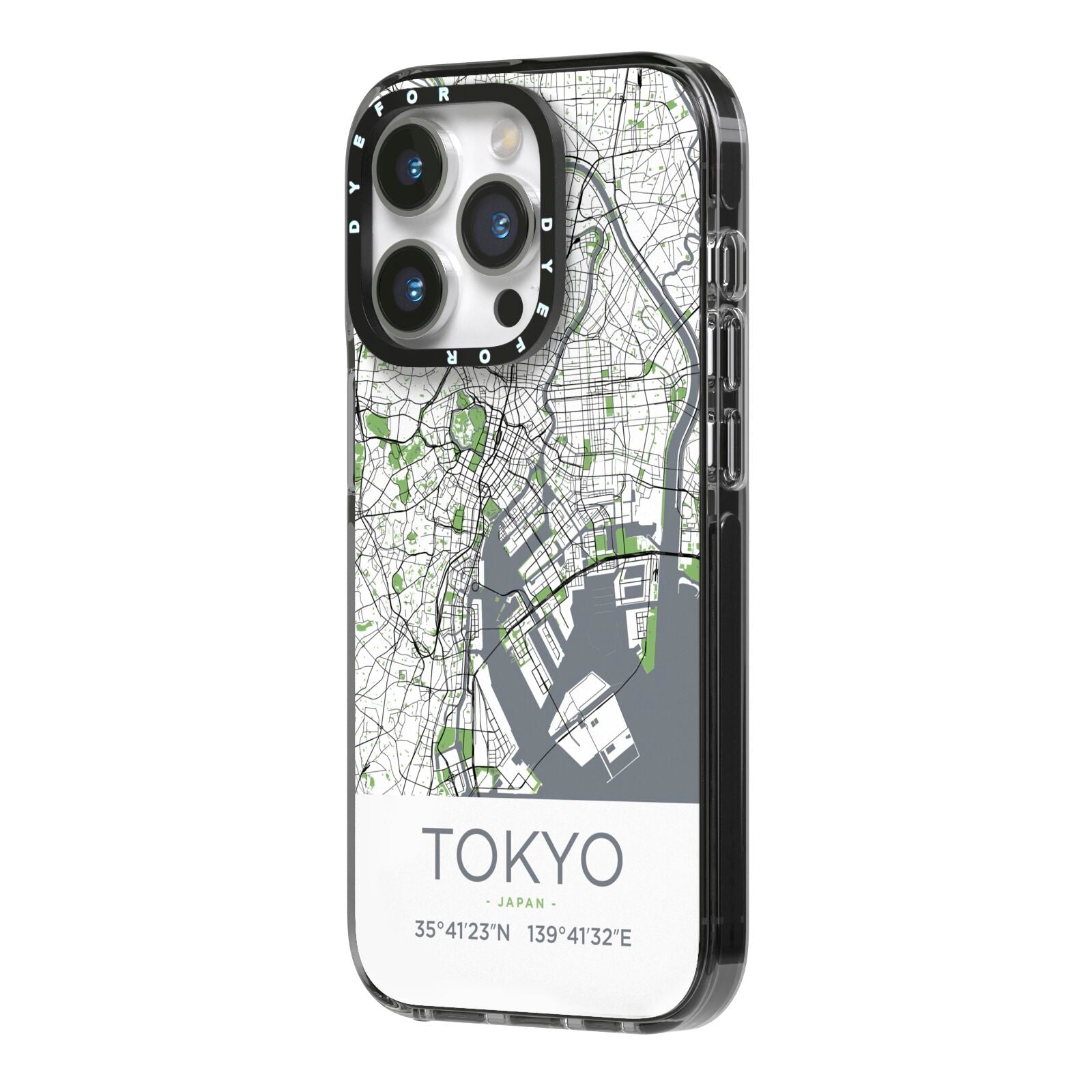 Map of Tokyo iPhone 14 Pro Black Impact Case Side Angle on Silver phone