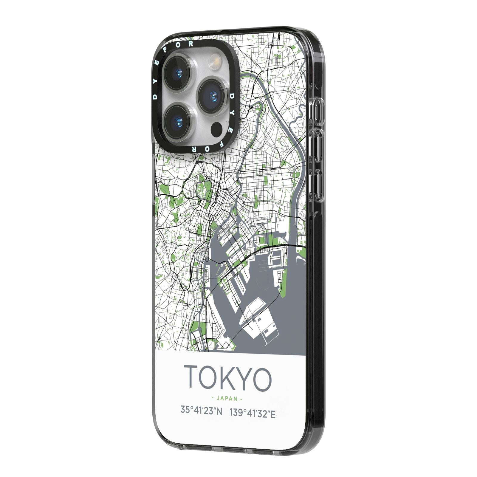 Map of Tokyo iPhone 14 Pro Max Black Impact Case Side Angle on Silver phone