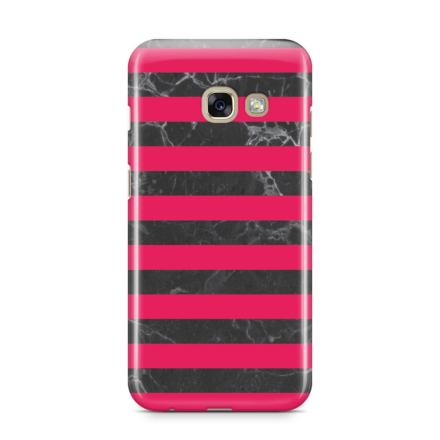 Marble Black Hot Pink Samsung Galaxy A3 2017 Case on gold phone