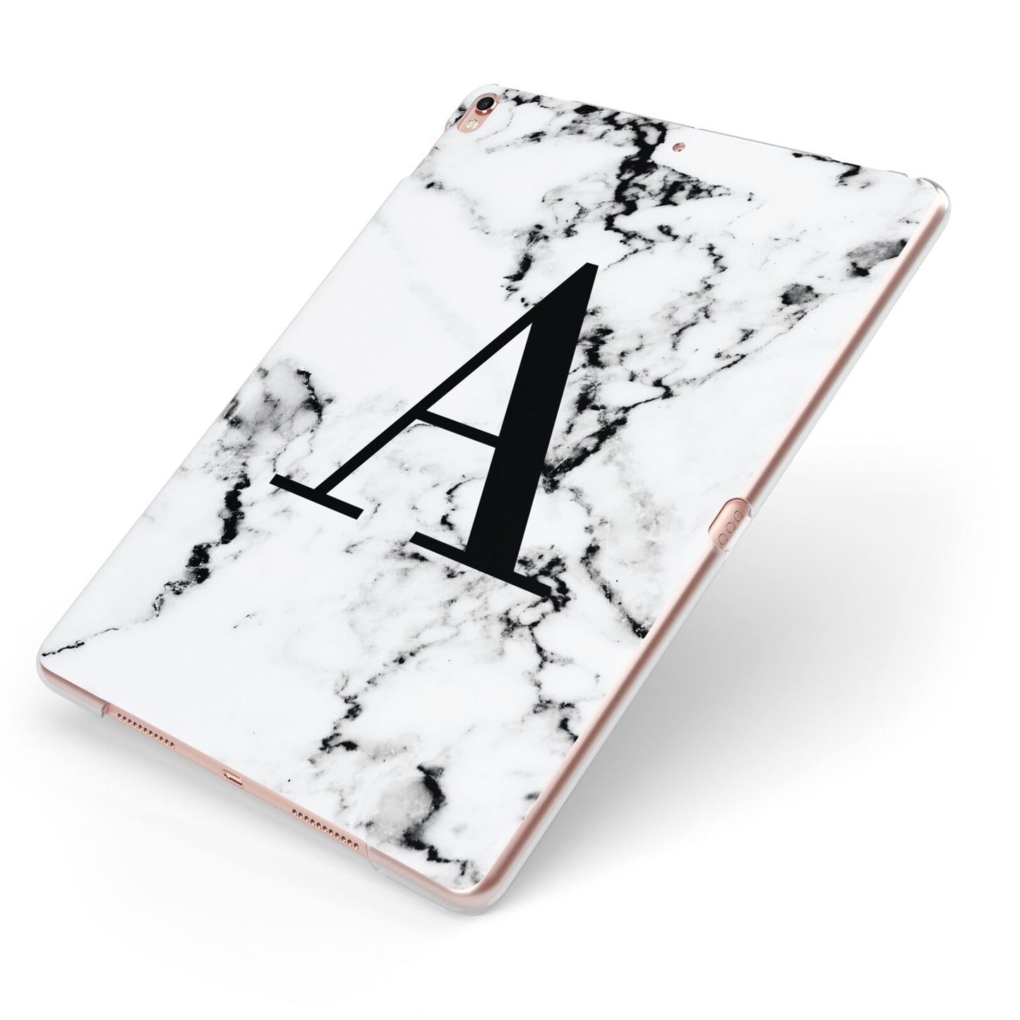 Marble Black Initial Personalised Apple iPad Case on Rose Gold iPad Side View