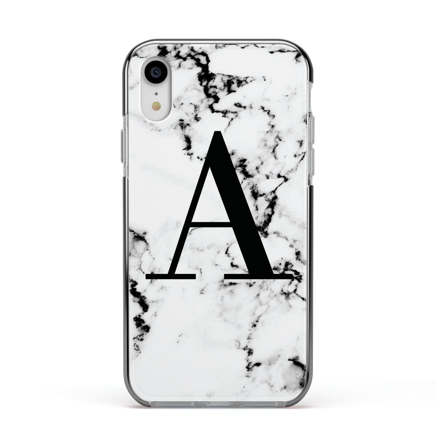 Marble Black Initial Personalised Apple iPhone XR Impact Case Black Edge on Silver Phone