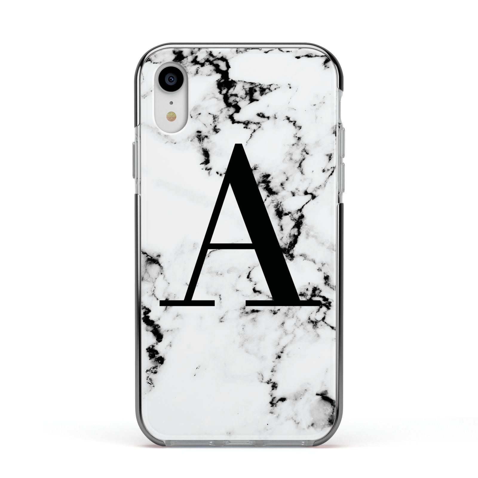 Marble Black Initial Personalised Apple iPhone XR Impact Case Black Edge on Silver Phone