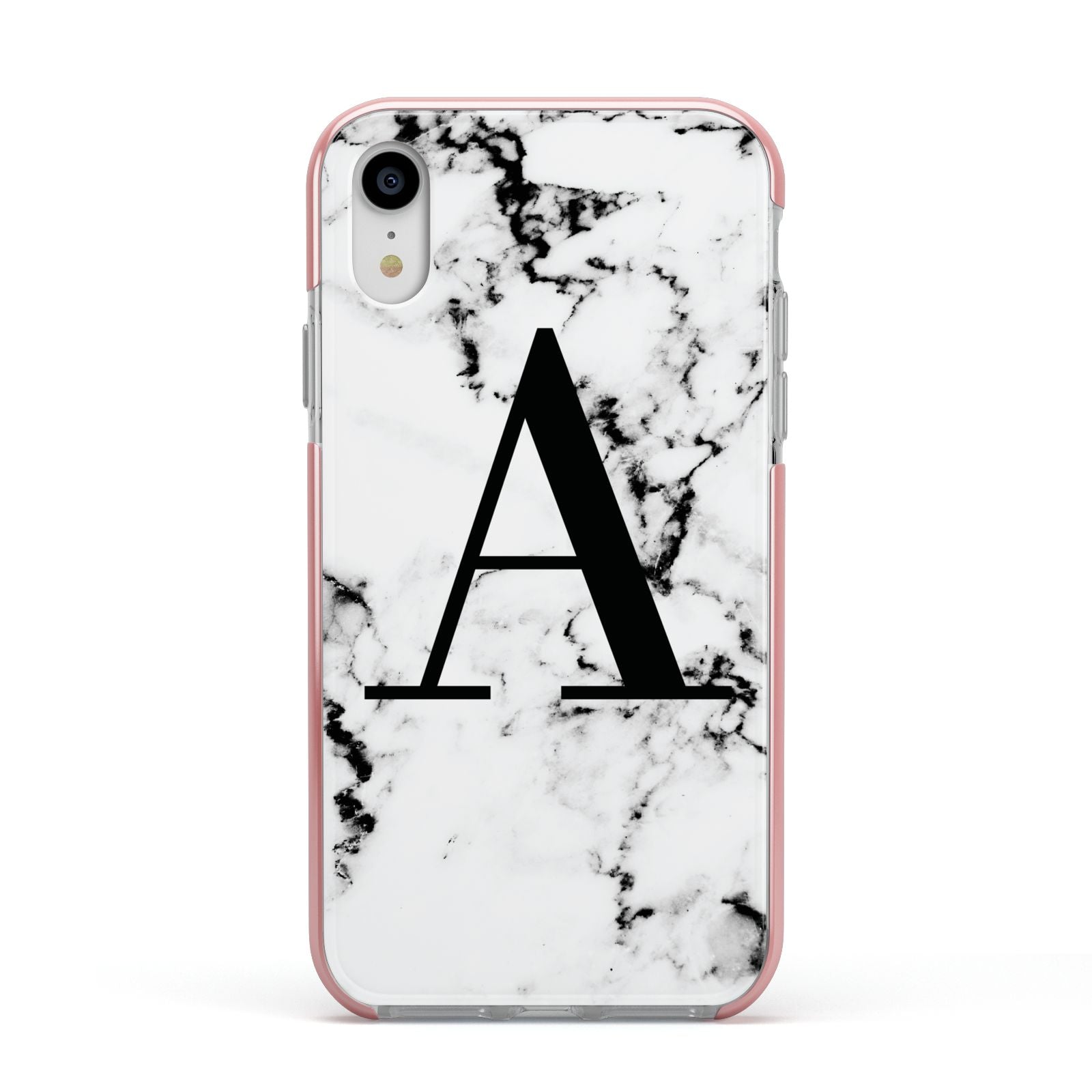 Marble Black Initial Personalised Apple iPhone XR Impact Case Pink Edge on Silver Phone
