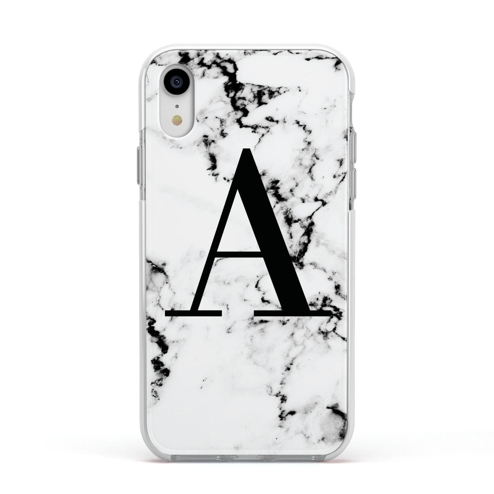 Marble Black Initial Personalised Apple iPhone XR Impact Case White Edge on Silver Phone