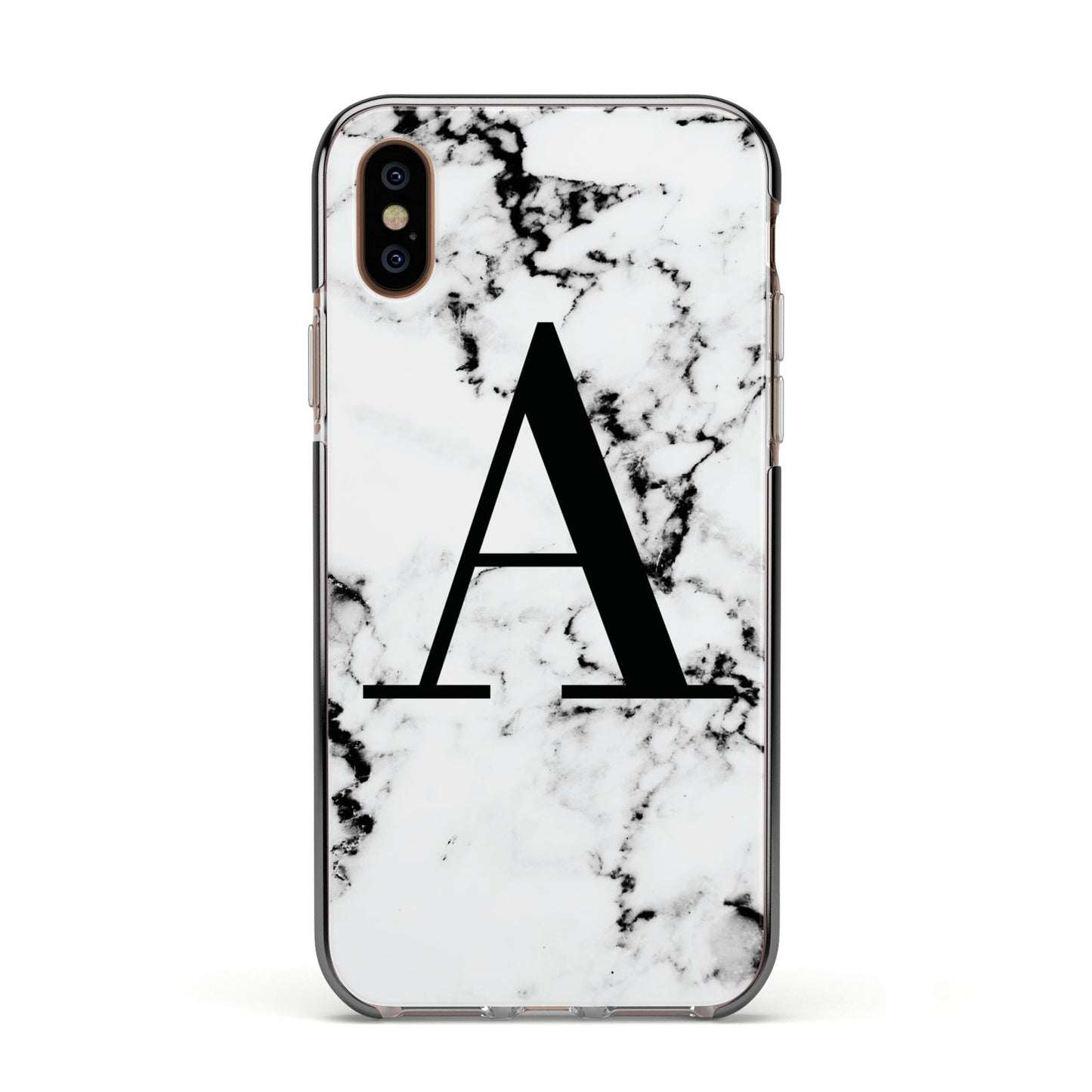 Marble Black Initial Personalised Apple iPhone Xs Impact Case Black Edge on Gold Phone