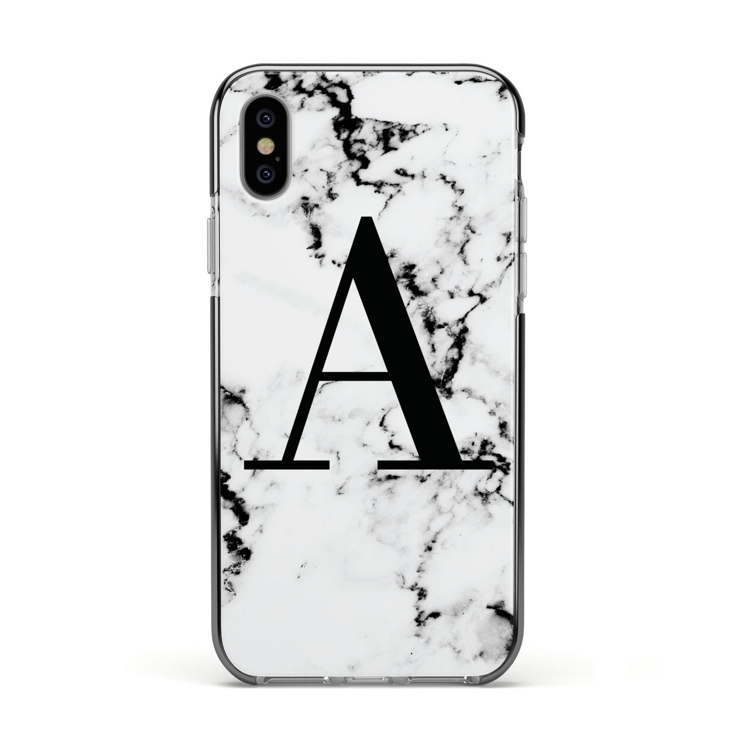 Marble Black Initial Personalised Apple iPhone Xs Impact Case Black Edge on Silver Phone