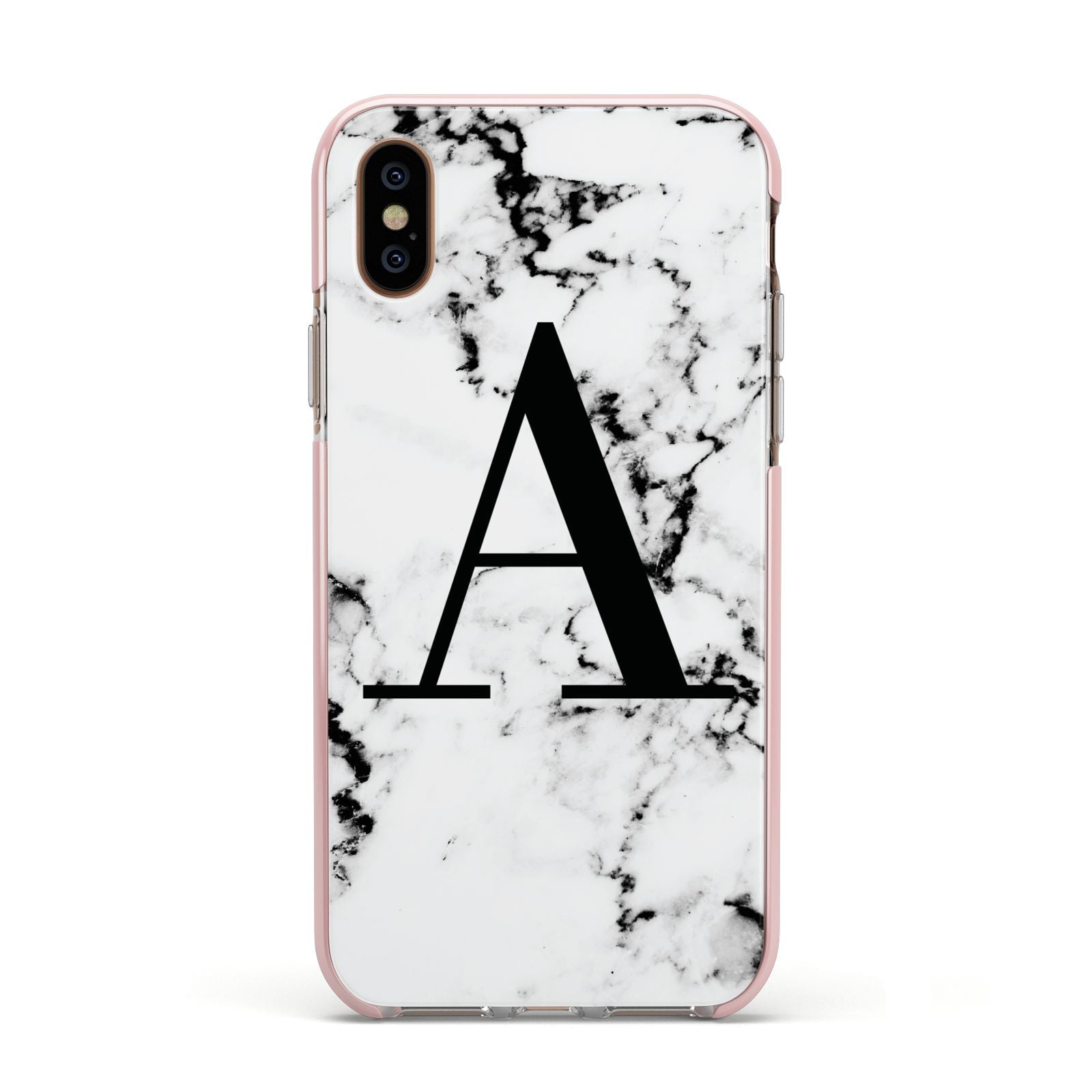 Marble Black Initial Personalised Apple iPhone Xs Impact Case Pink Edge on Gold Phone
