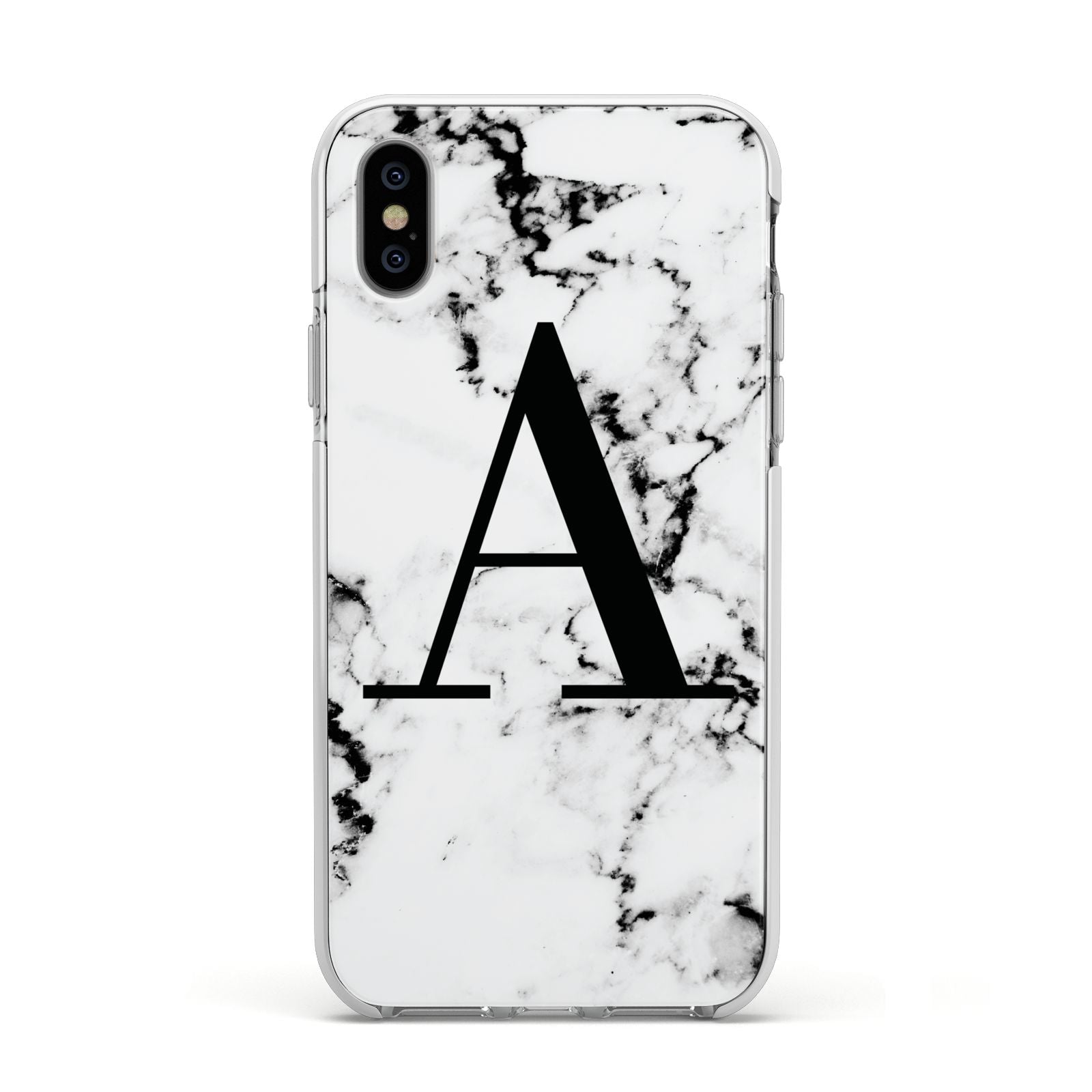 Marble Black Initial Personalised Apple iPhone Xs Impact Case White Edge on Silver Phone
