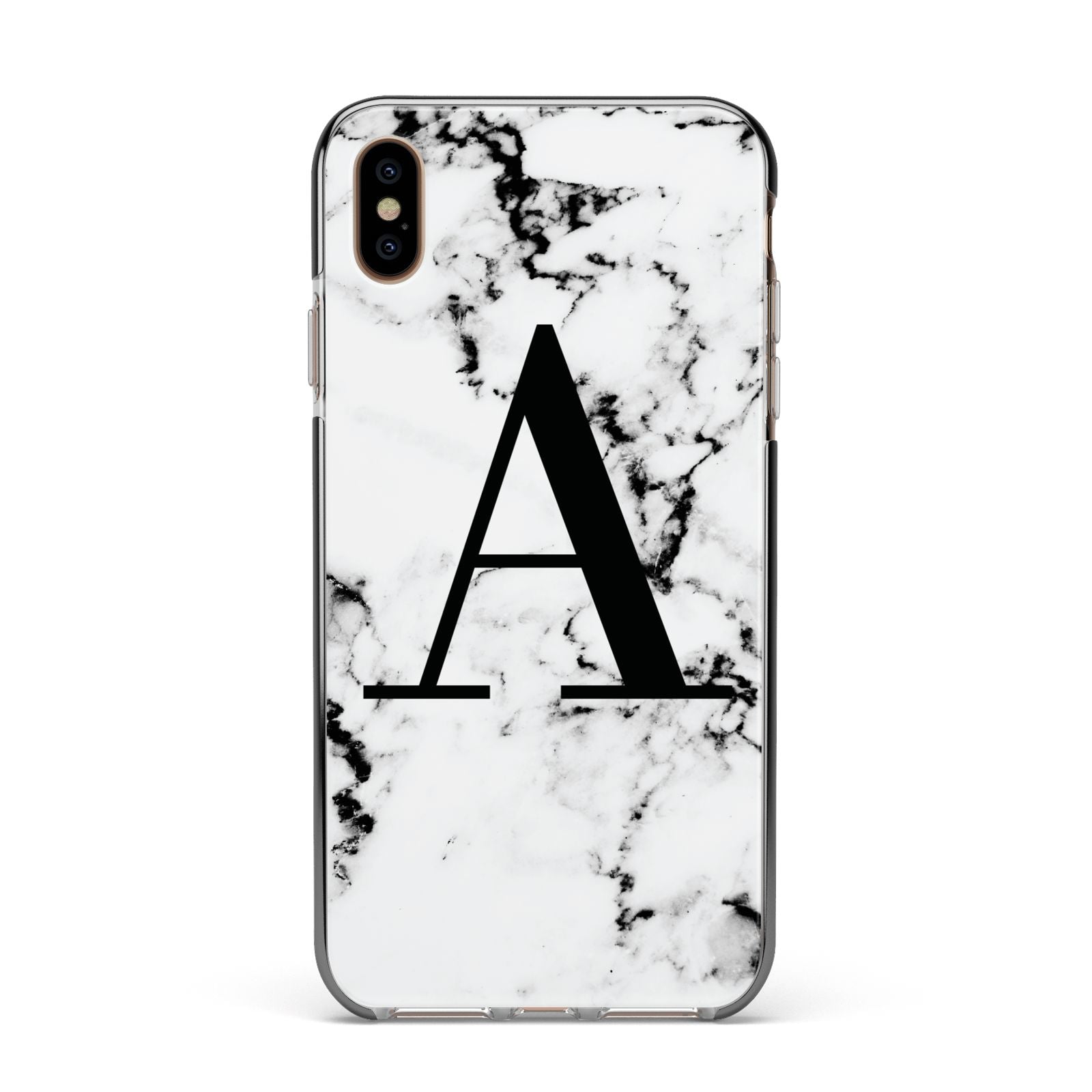 Marble Black Initial Personalised Apple iPhone Xs Max Impact Case Black Edge on Gold Phone
