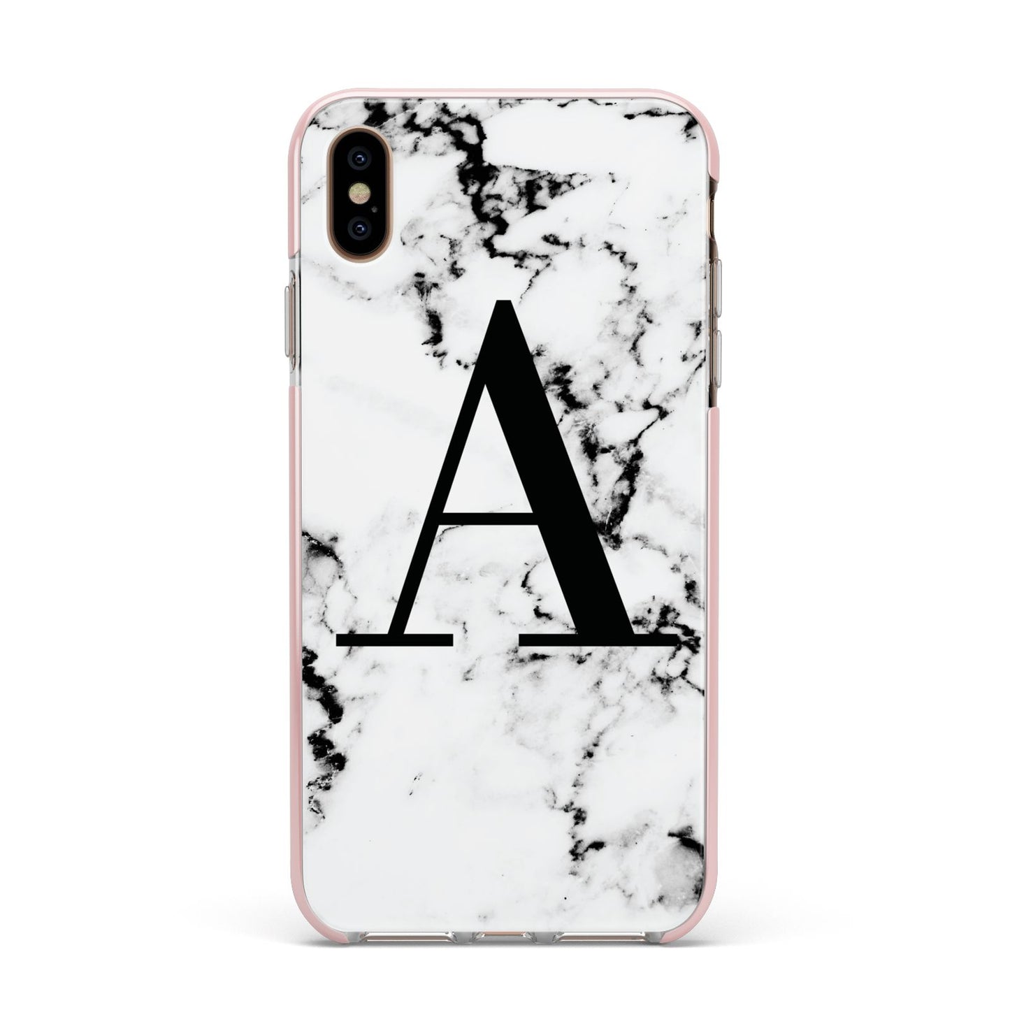 Marble Black Initial Personalised Apple iPhone Xs Max Impact Case Pink Edge on Gold Phone