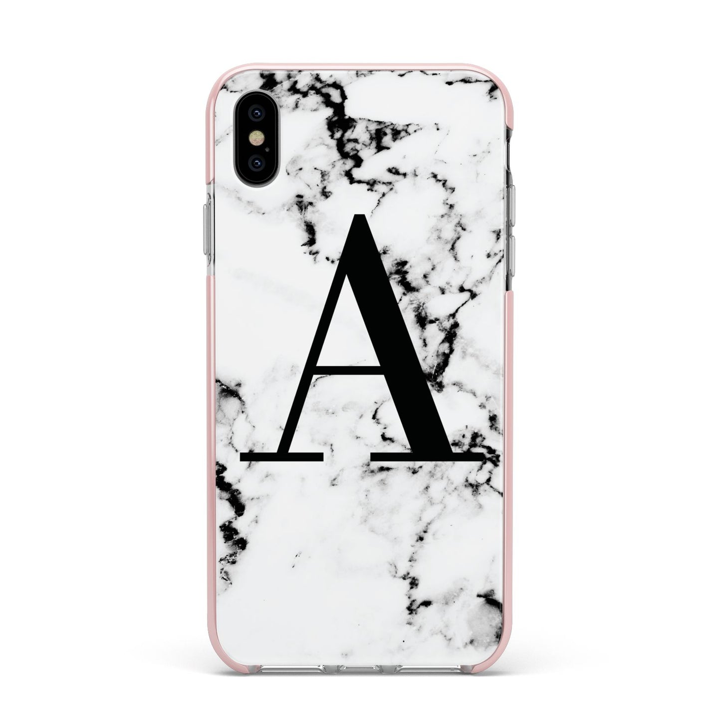 Marble Black Initial Personalised Apple iPhone Xs Max Impact Case Pink Edge on Silver Phone