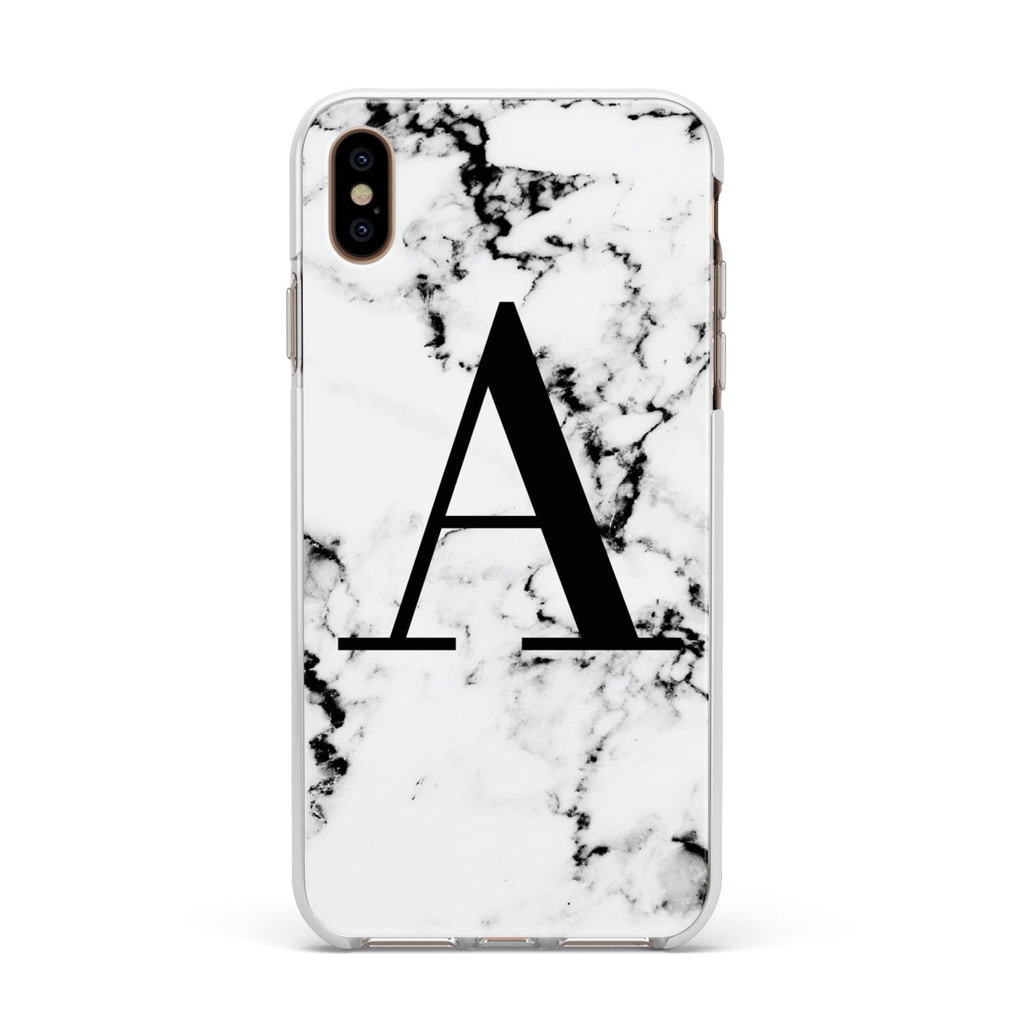 Marble Black Initial Personalised Apple iPhone Xs Max Impact Case White Edge on Gold Phone