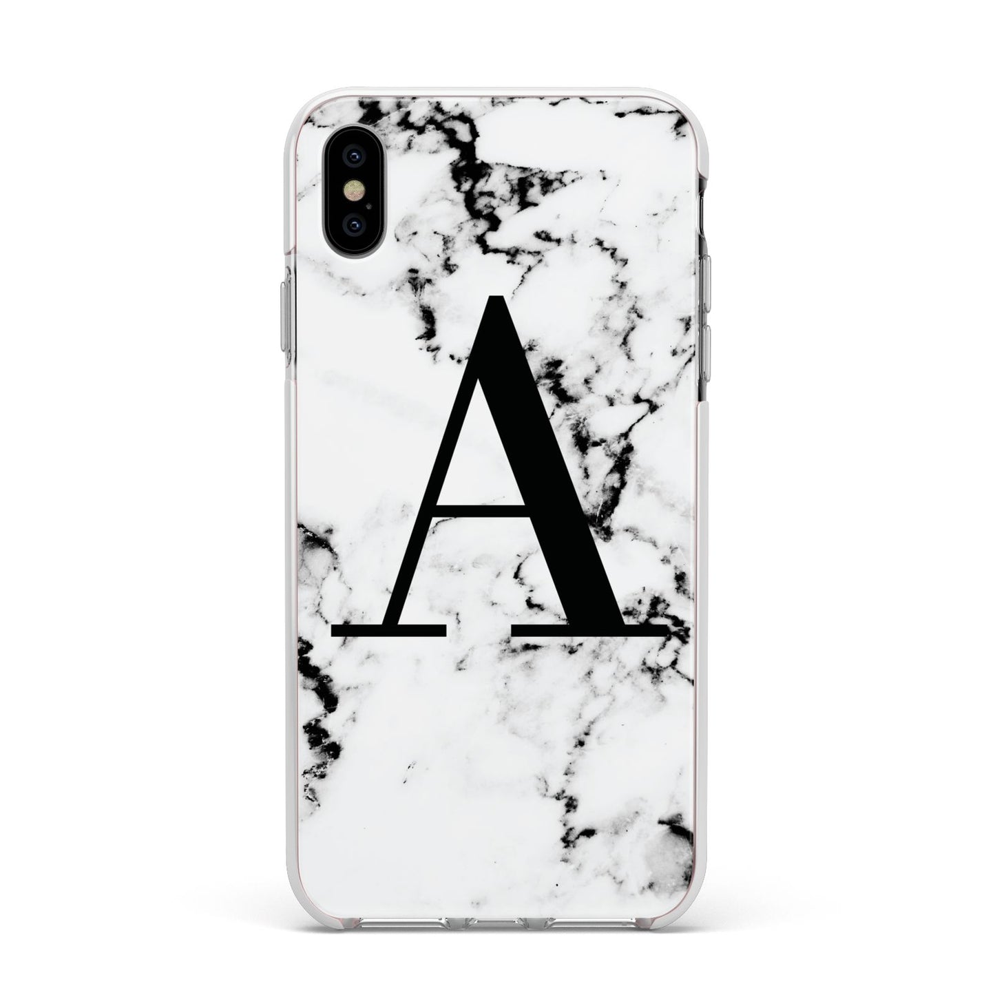 Marble Black Initial Personalised Apple iPhone Xs Max Impact Case White Edge on Silver Phone