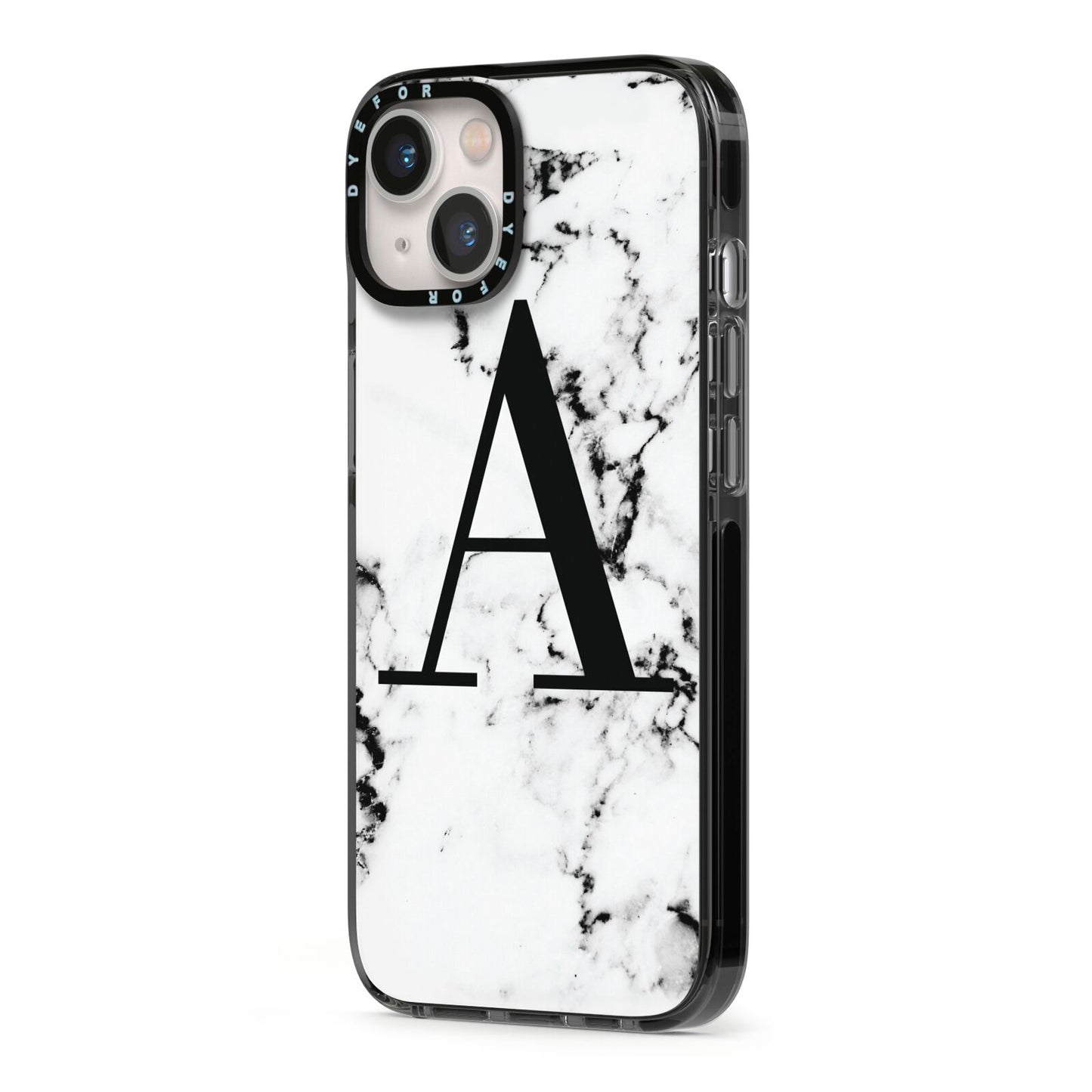 Marble Black Initial Personalised iPhone 13 Black Impact Case Side Angle on Silver phone