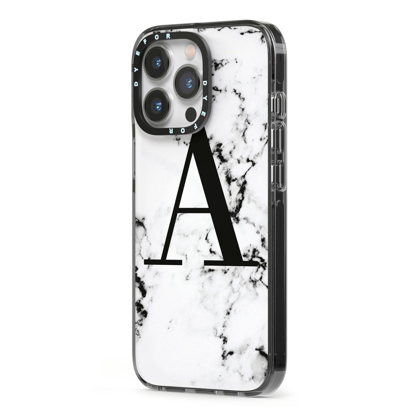Marble Black Initial Personalised iPhone 13 Pro Black Impact Case Side Angle on Silver phone