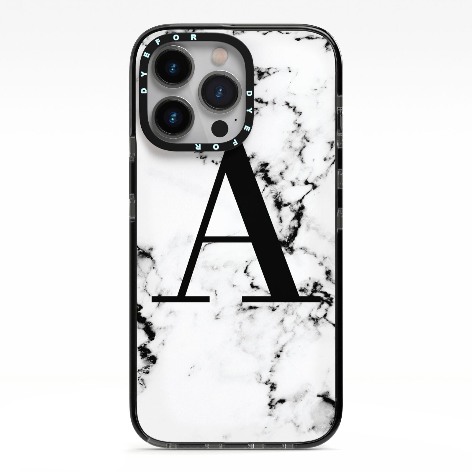 Marble Black Initial Personalised iPhone 13 Pro Black Impact Case on Silver phone