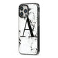 Marble Black Initial Personalised iPhone 13 Pro Max Black Impact Case Side Angle on Silver phone