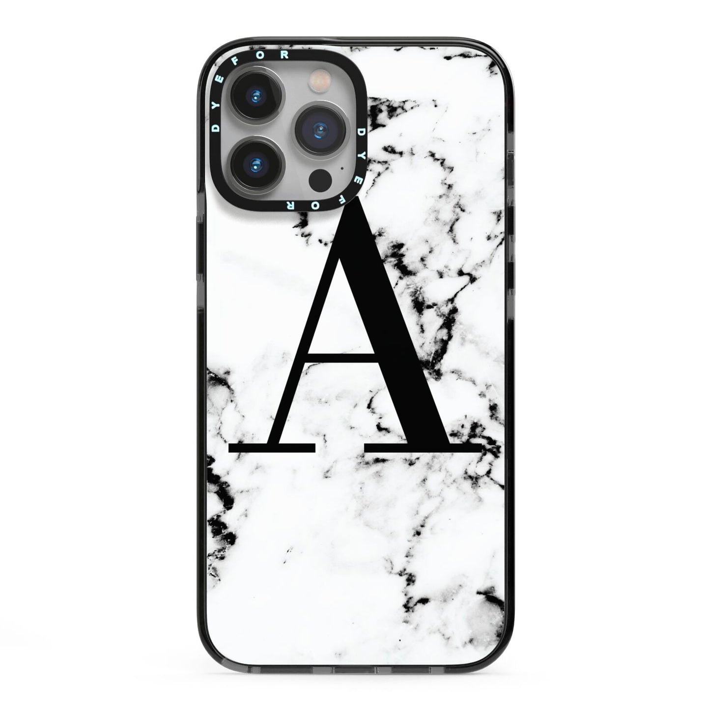 Marble Black Initial Personalised iPhone 13 Pro Max Black Impact Case on Silver phone