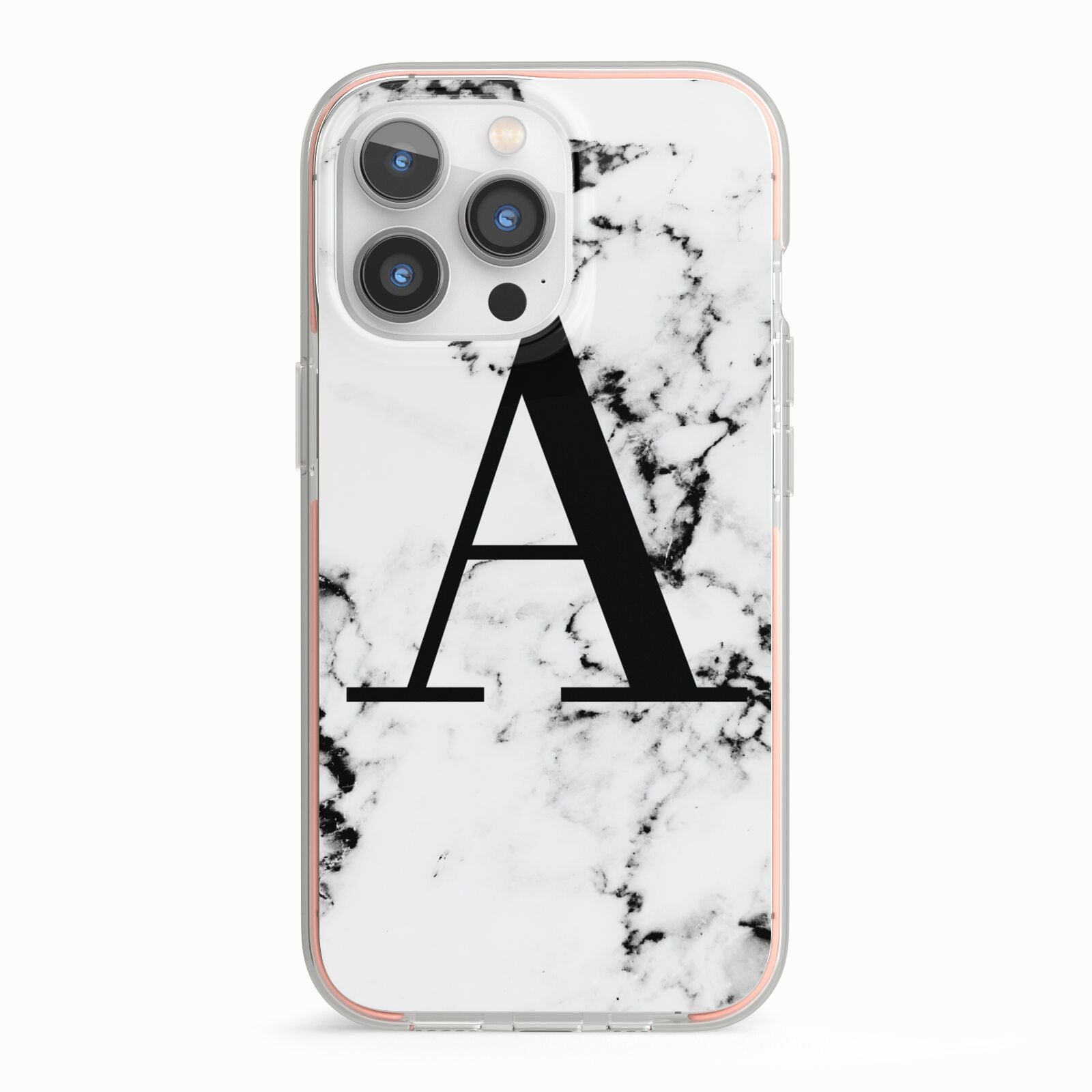 Marble Black Initial Personalised iPhone 13 Pro TPU Impact Case with Pink Edges
