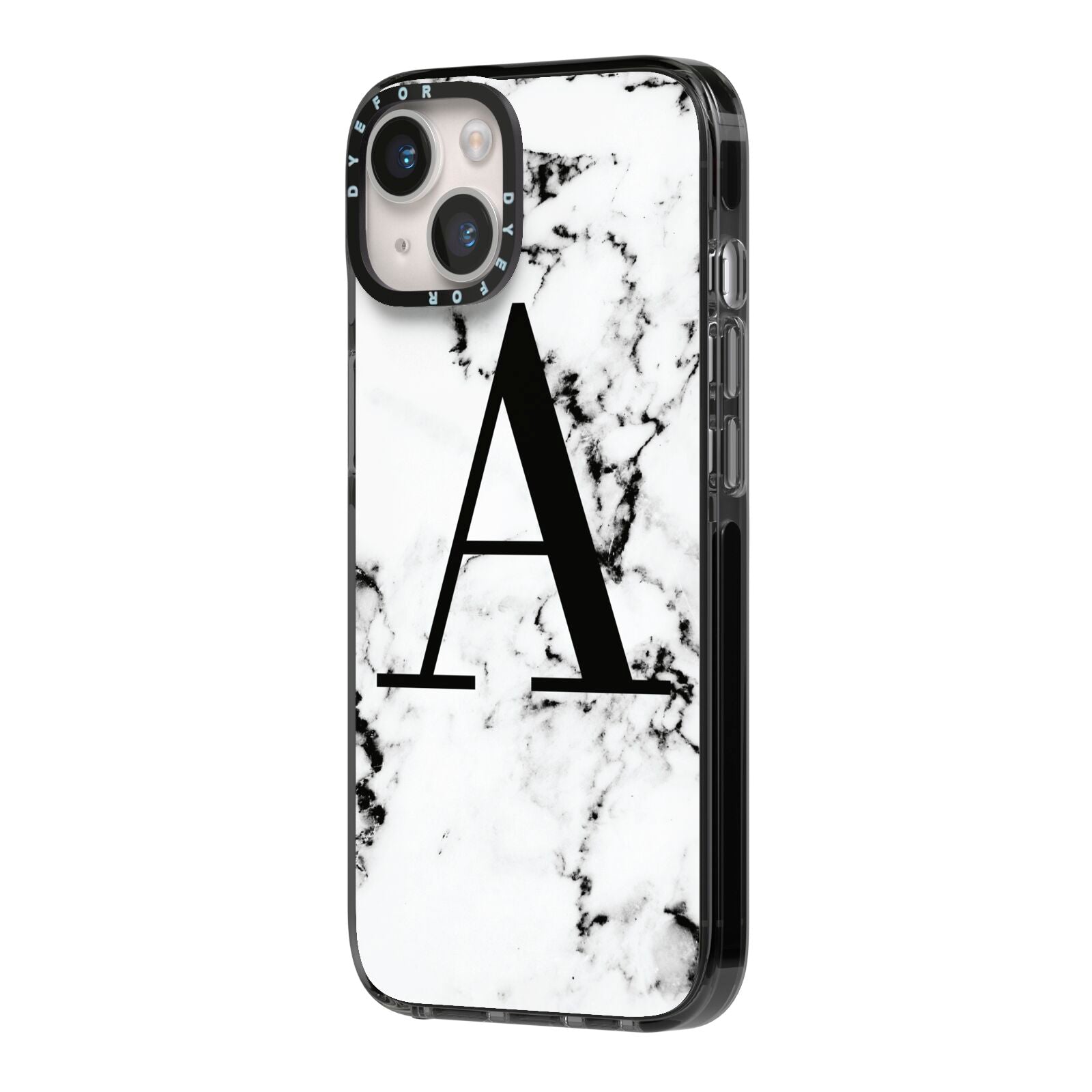 Marble Black Initial Personalised iPhone 14 Black Impact Case Side Angle on Silver phone