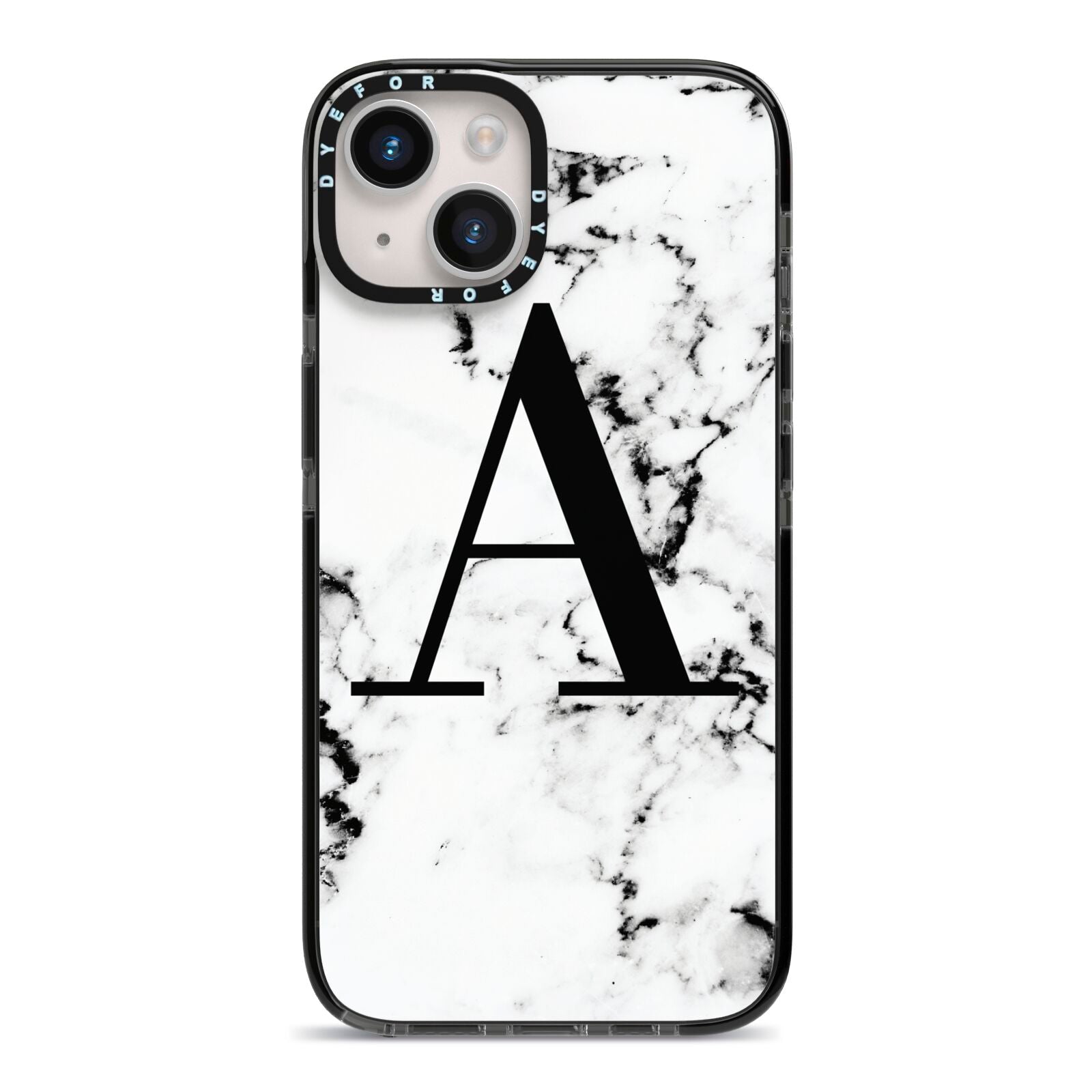 Marble Black Initial Personalised iPhone 14 Black Impact Case on Silver phone