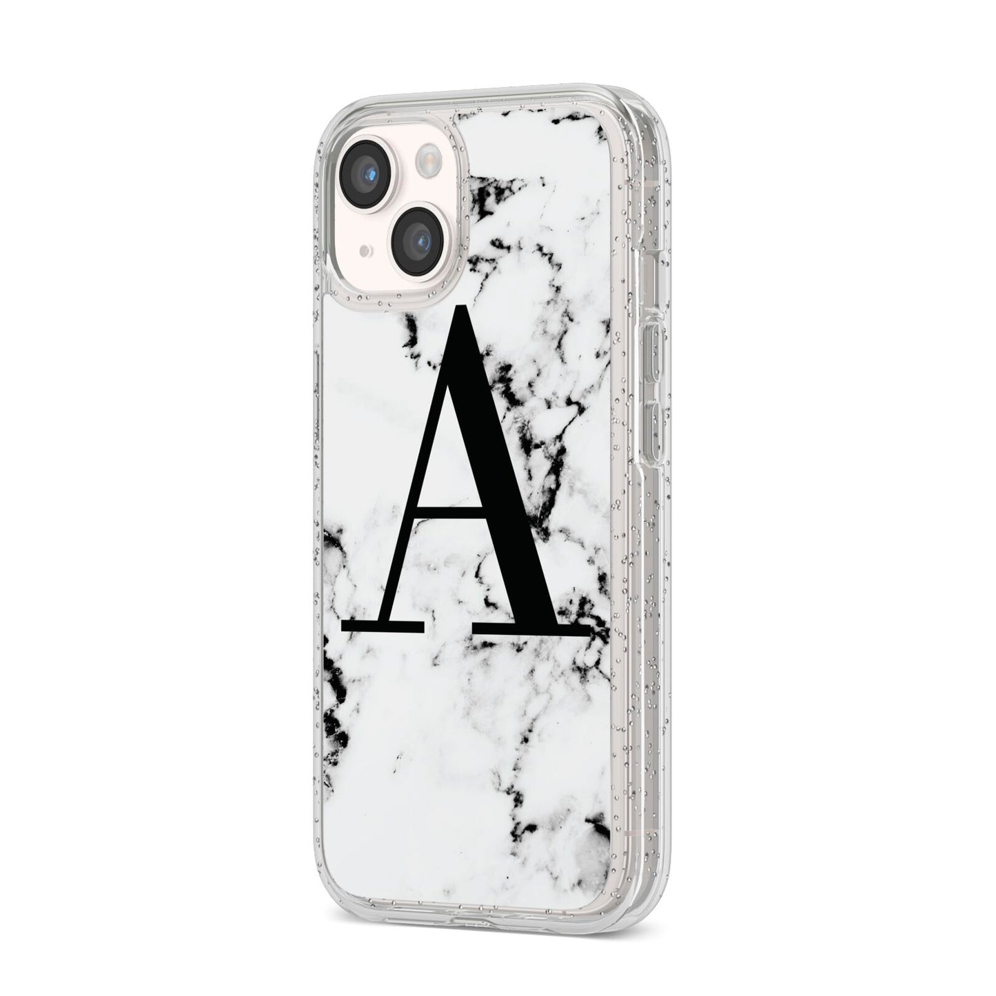 Marble Black Initial Personalised iPhone 14 Glitter Tough Case Starlight Angled Image