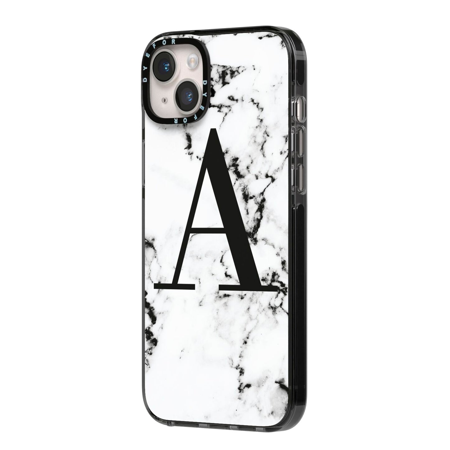 Marble Black Initial Personalised iPhone 14 Plus Black Impact Case Side Angle on Silver phone