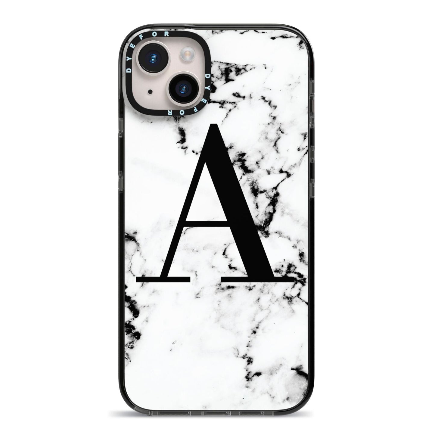 Marble Black Initial Personalised iPhone 14 Plus Black Impact Case on Silver phone
