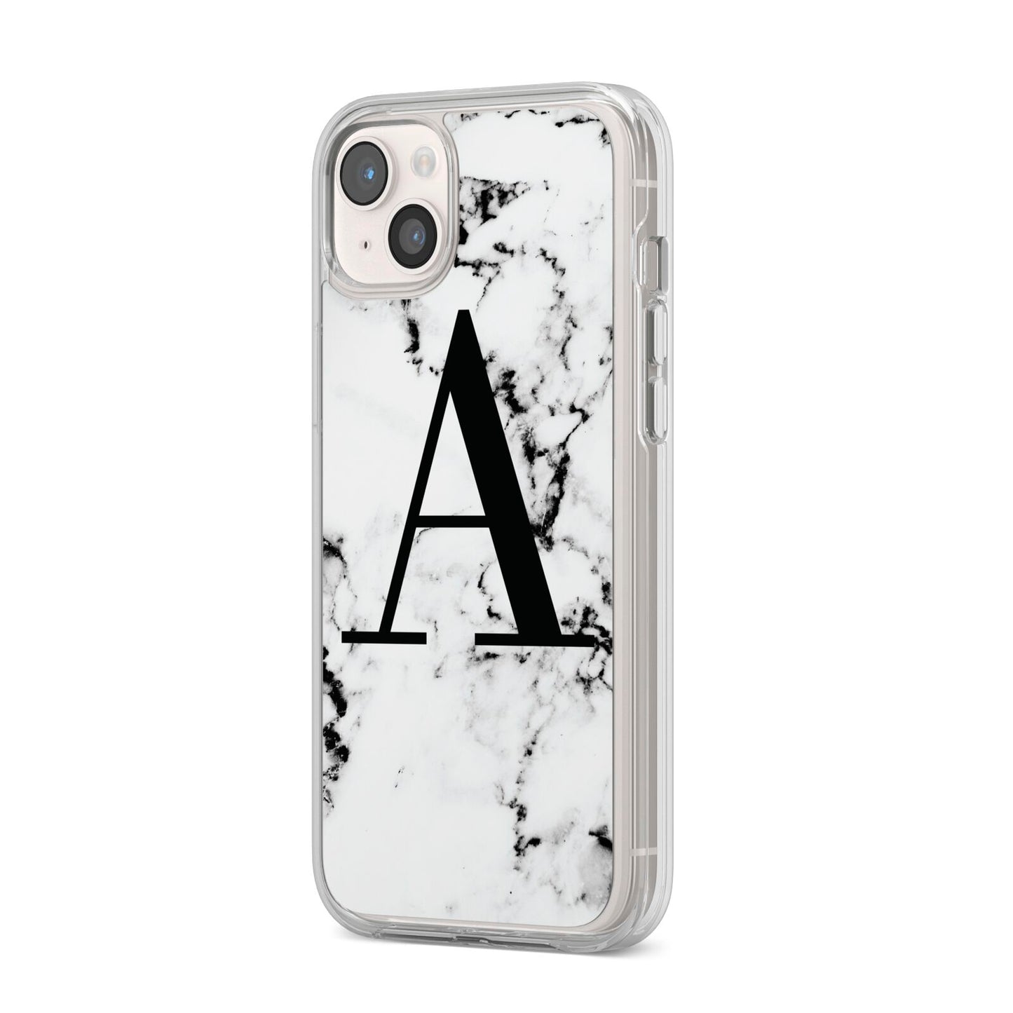Marble Black Initial Personalised iPhone 14 Plus Clear Tough Case Starlight Angled Image