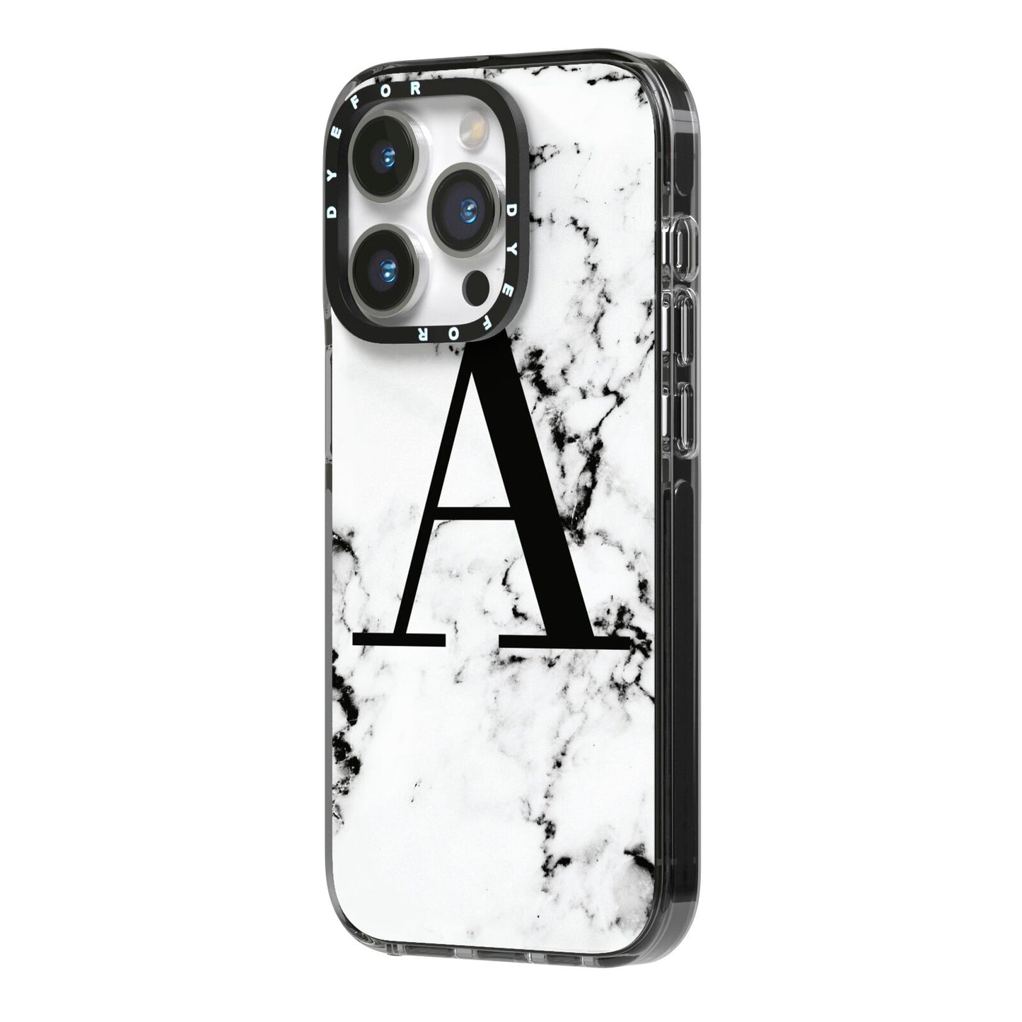 Marble Black Initial Personalised iPhone 14 Pro Black Impact Case Side Angle on Silver phone