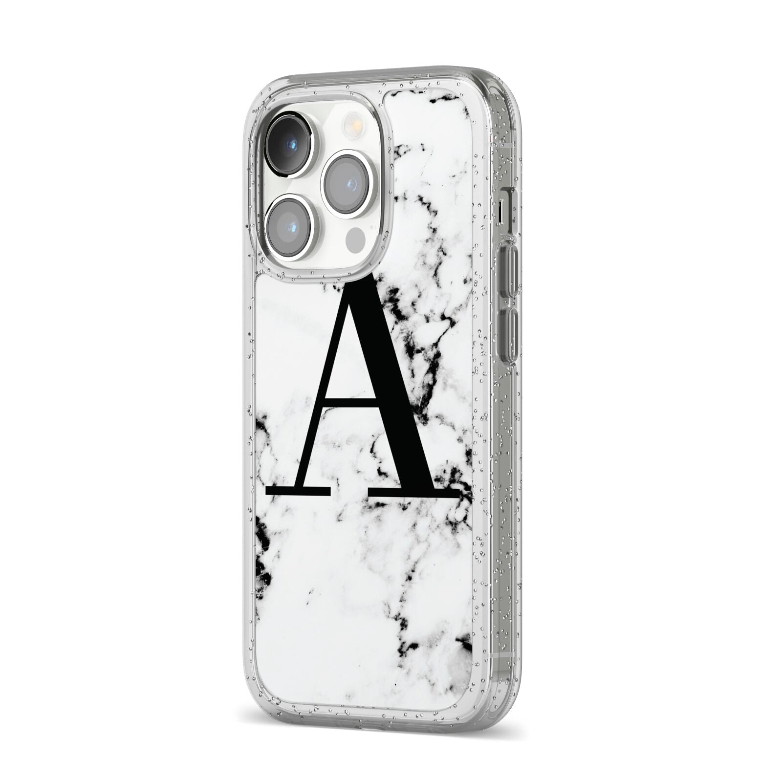 Marble Black Initial Personalised iPhone 14 Pro Glitter Tough Case Silver Angled Image