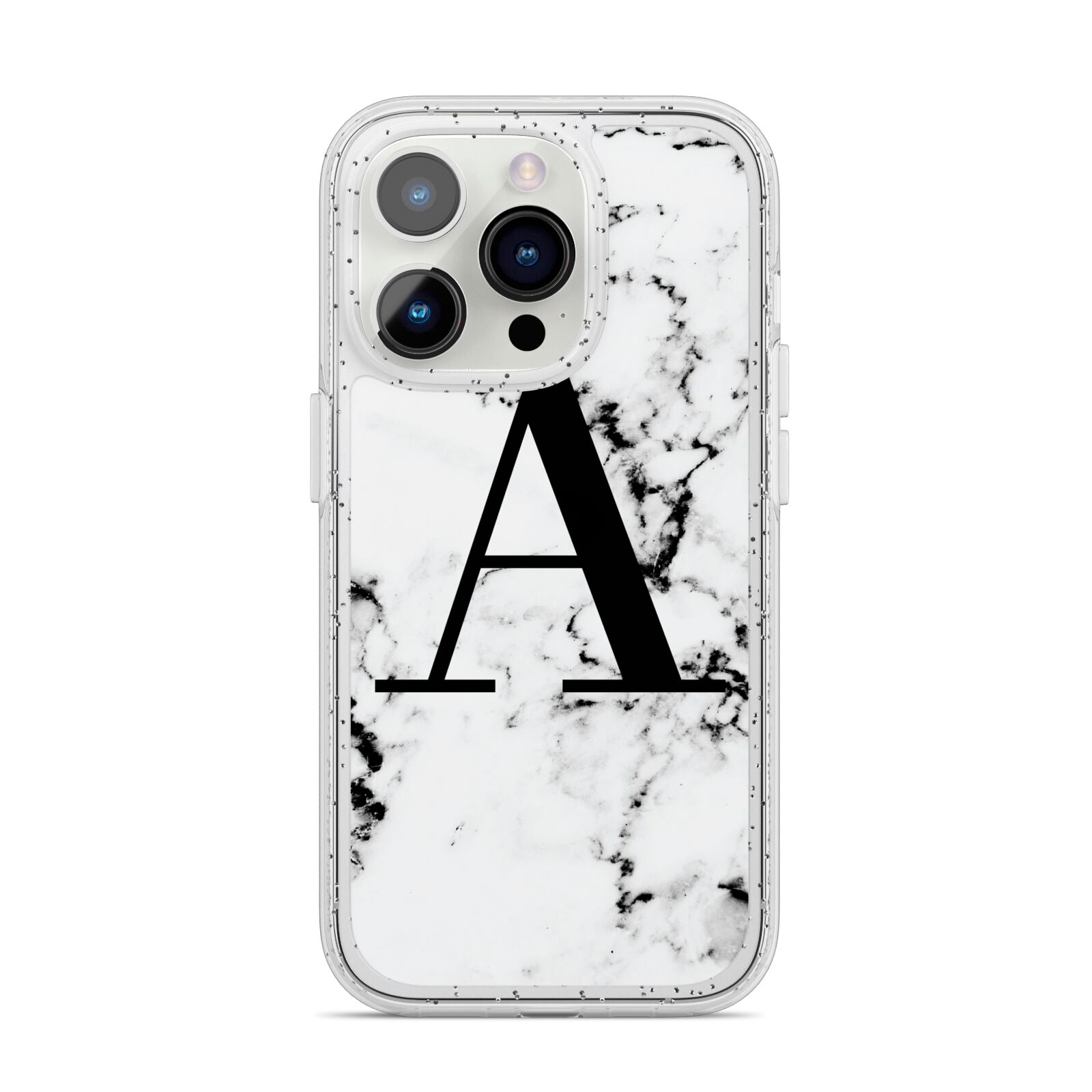 Marble Black Initial Personalised iPhone 14 Pro Glitter Tough Case Silver