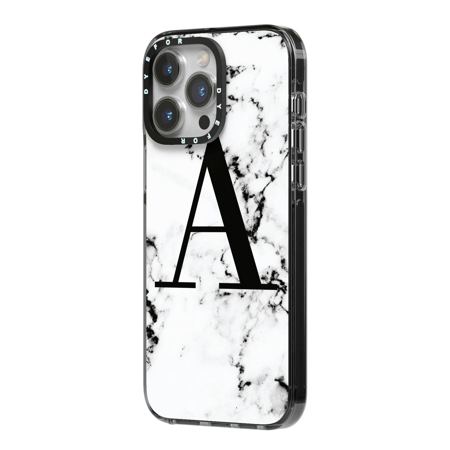 Marble Black Initial Personalised iPhone 14 Pro Max Black Impact Case Side Angle on Silver phone
