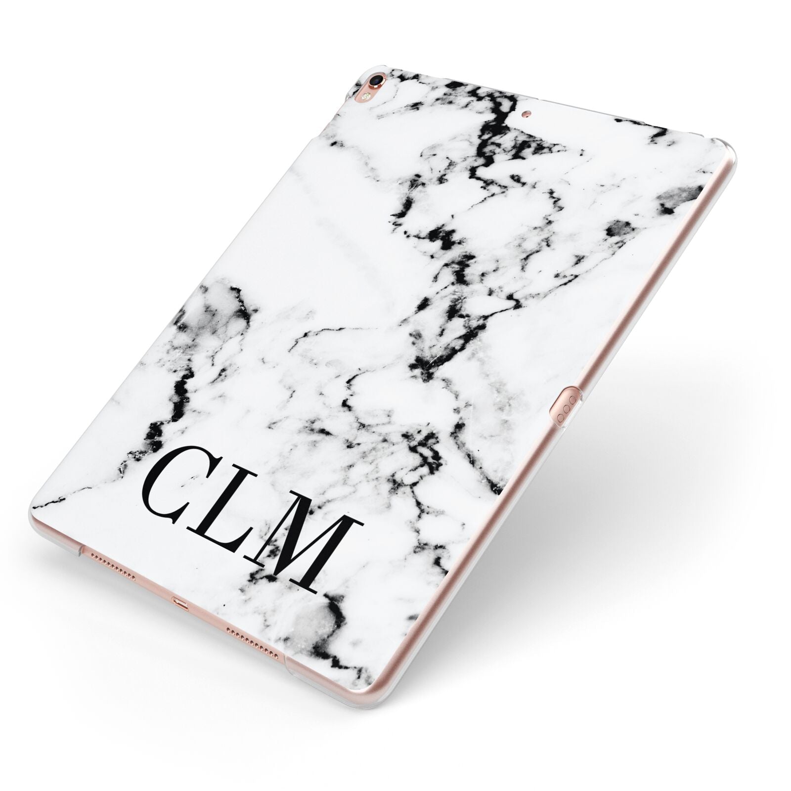 Marble Black Initials Personalised Apple iPad Case on Rose Gold iPad Side View