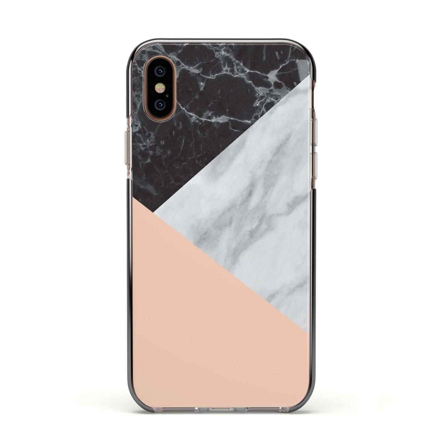 Marble Black White Grey Peach Apple iPhone Xs Impact Case Black Edge on Gold Phone