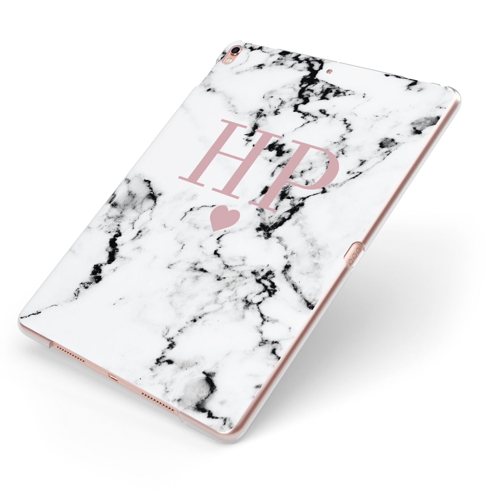 Marble Blush Pink Heart Personalised Apple iPad Case on Rose Gold iPad Side View