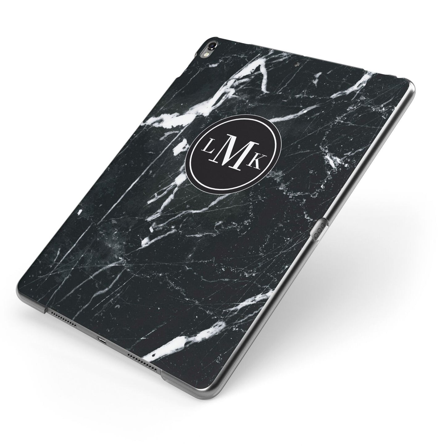 Marble Custom Initials Circle Apple iPad Case on Grey iPad Side View