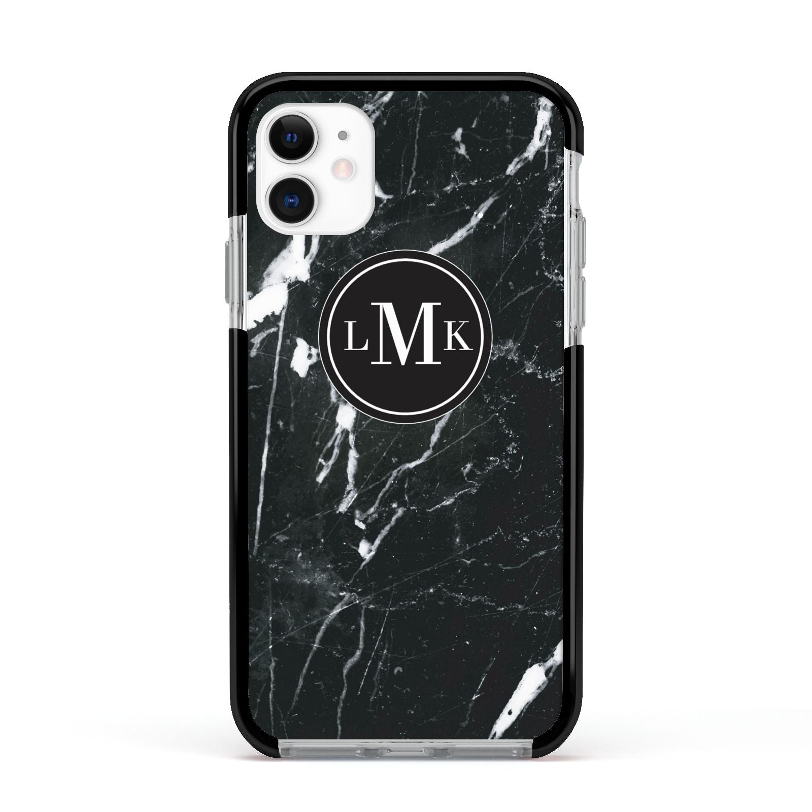 Marble Custom Initials Circle Apple iPhone 11 in White with Black Impact Case