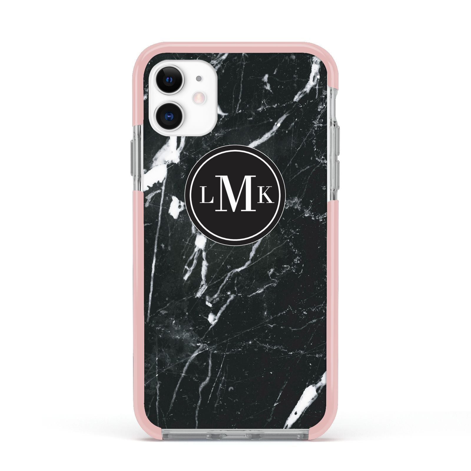 Marble Custom Initials Circle Apple iPhone 11 in White with Pink Impact Case