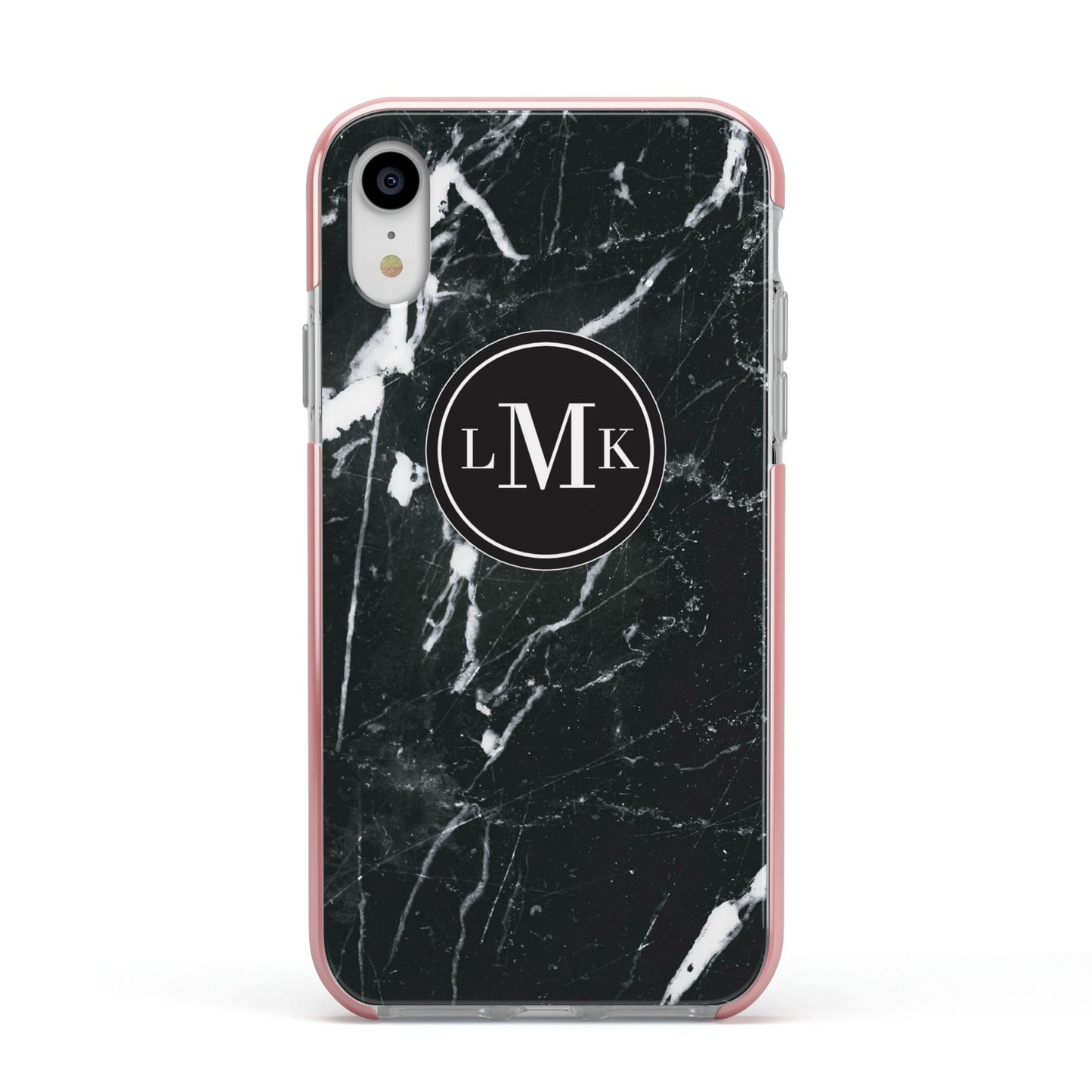 Marble Custom Initials Circle Apple iPhone XR Impact Case Pink Edge on Silver Phone