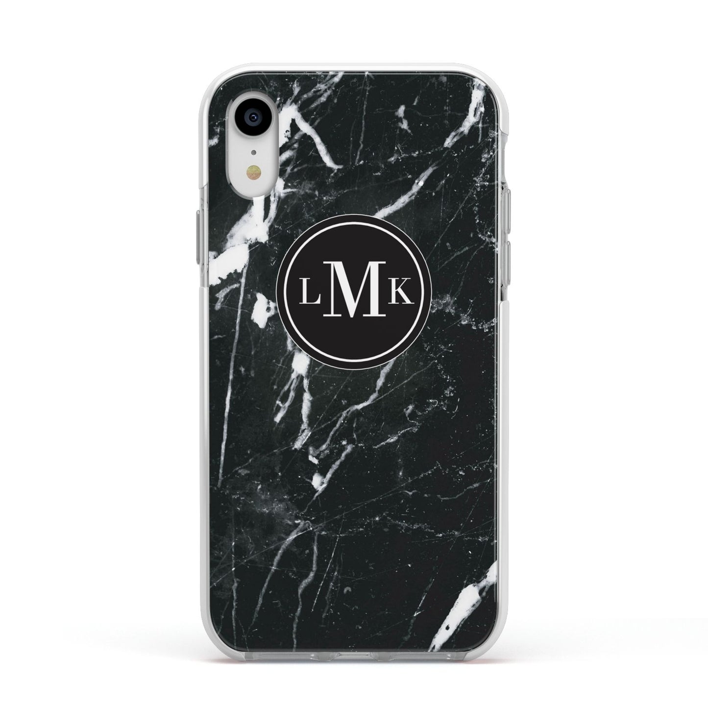 Marble Custom Initials Circle Apple iPhone XR Impact Case White Edge on Silver Phone