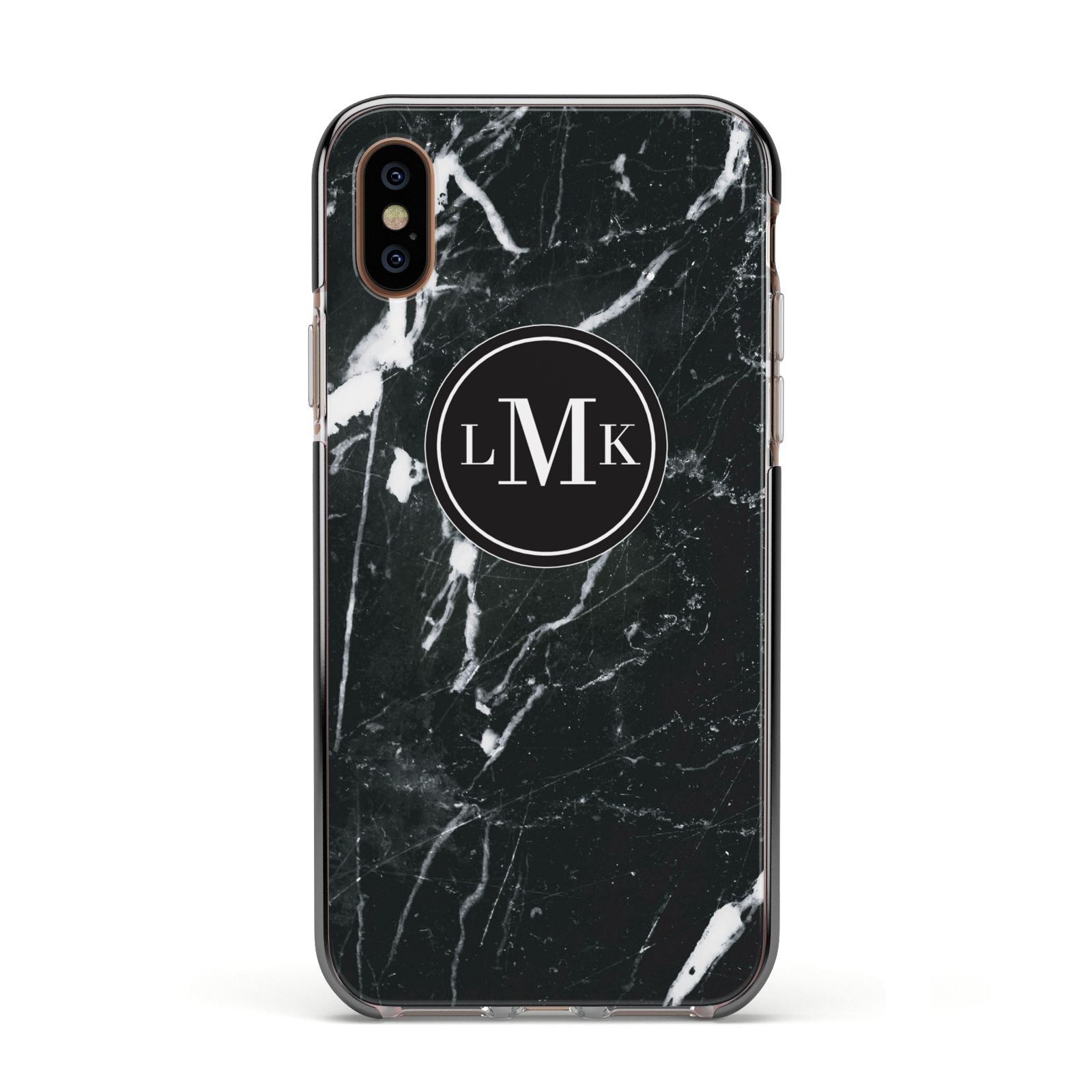 Marble Custom Initials Circle Apple iPhone Xs Impact Case Black Edge on Gold Phone