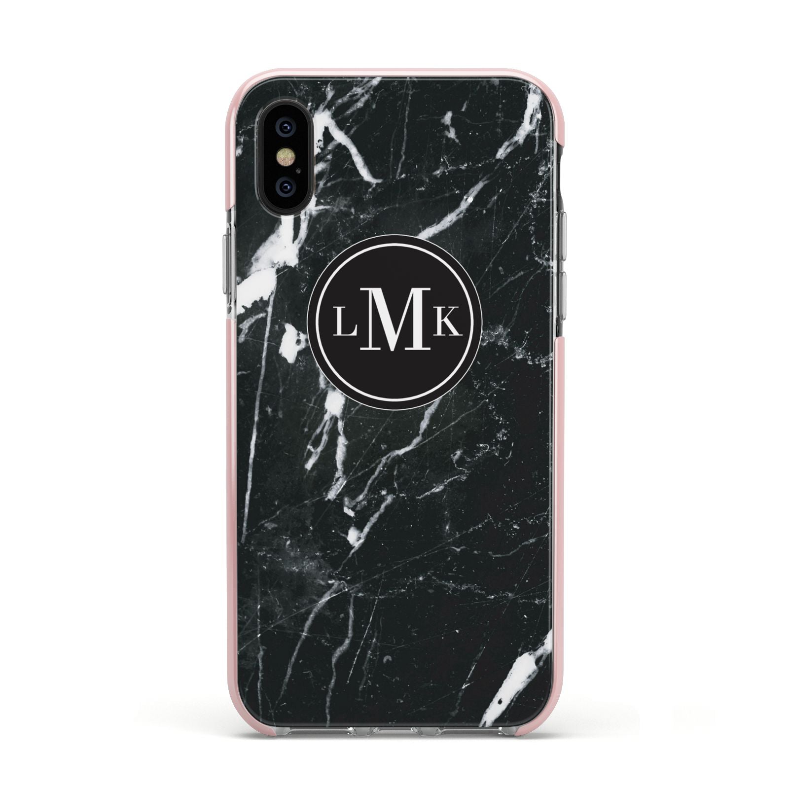 Marble Custom Initials Circle Apple iPhone Xs Impact Case Pink Edge on Black Phone