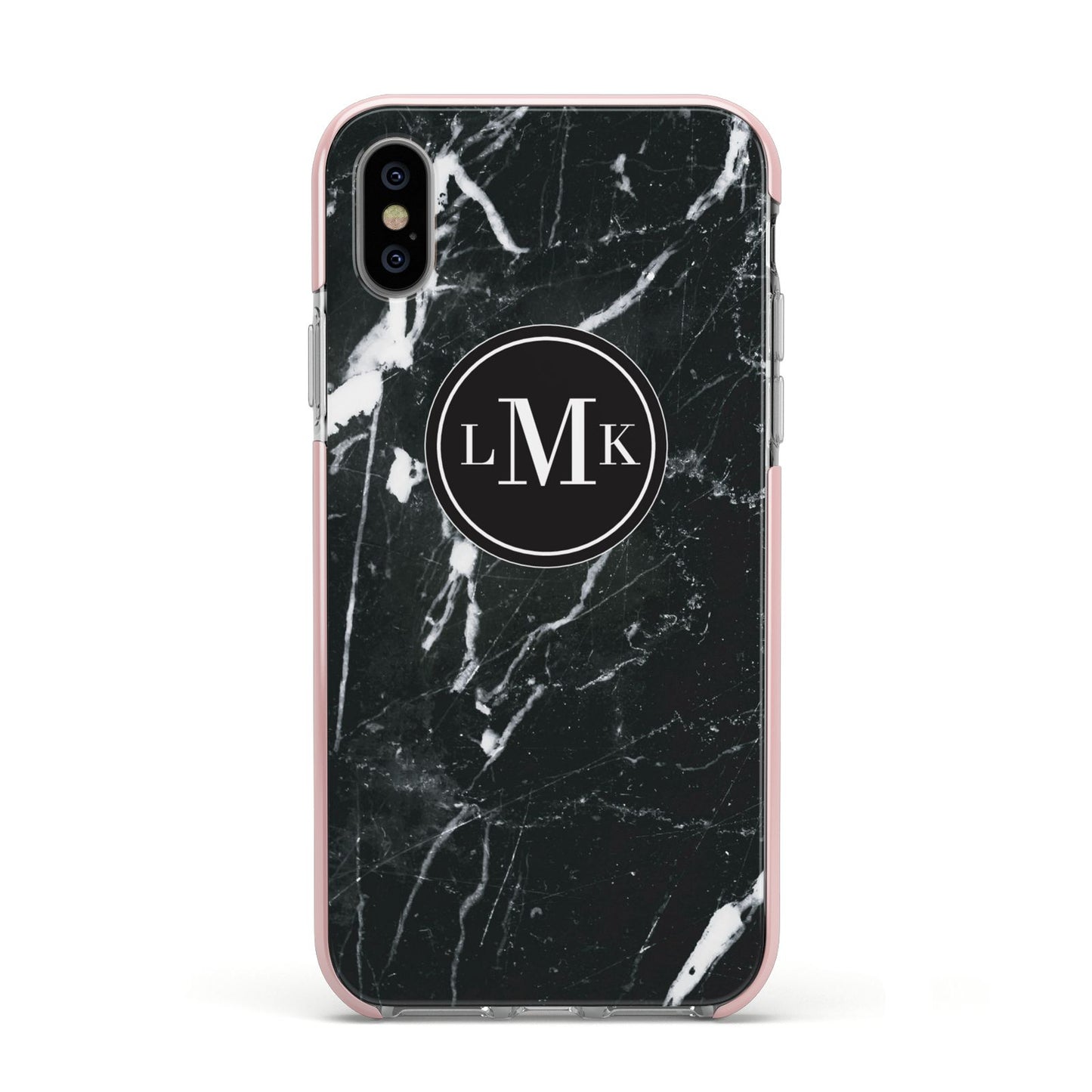 Marble Custom Initials Circle Apple iPhone Xs Impact Case Pink Edge on Silver Phone