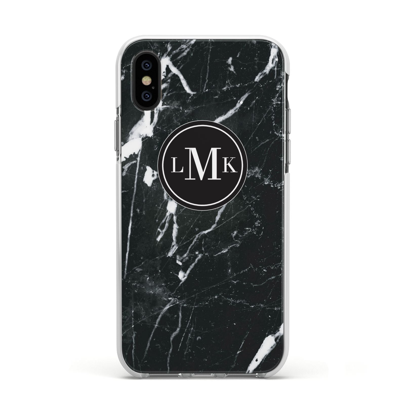 Marble Custom Initials Circle Apple iPhone Xs Impact Case White Edge on Black Phone