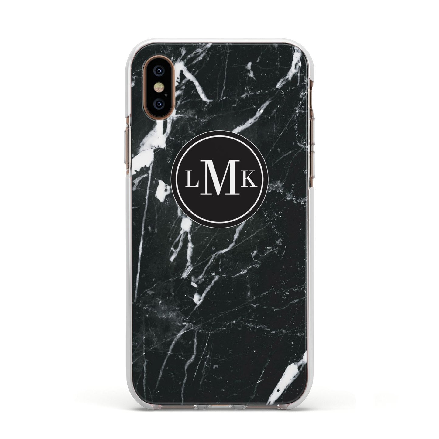 Marble Custom Initials Circle Apple iPhone Xs Impact Case White Edge on Gold Phone