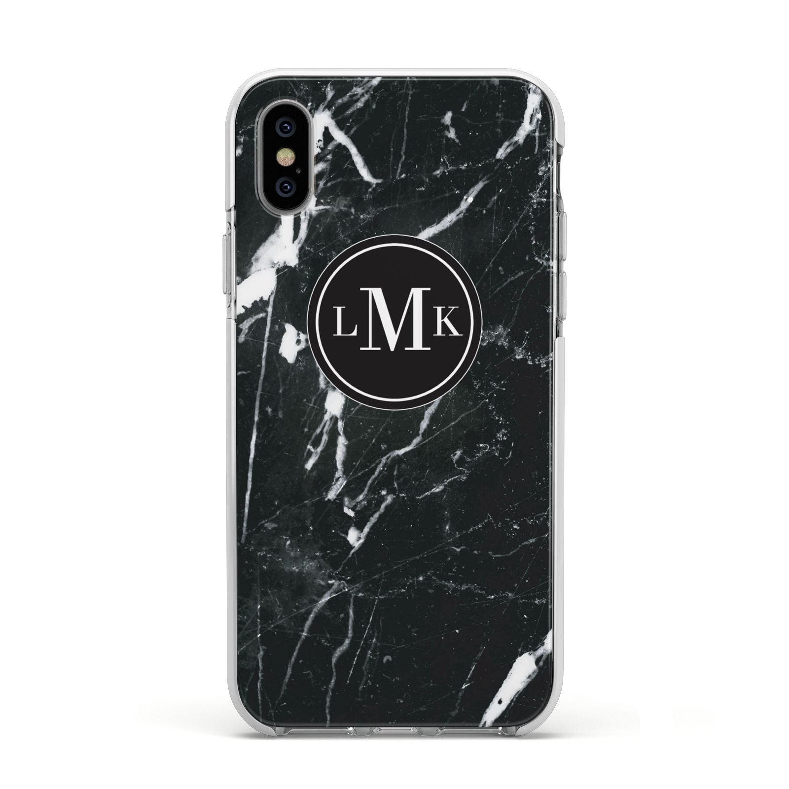 Marble Custom Initials Circle Apple iPhone Xs Impact Case White Edge on Silver Phone